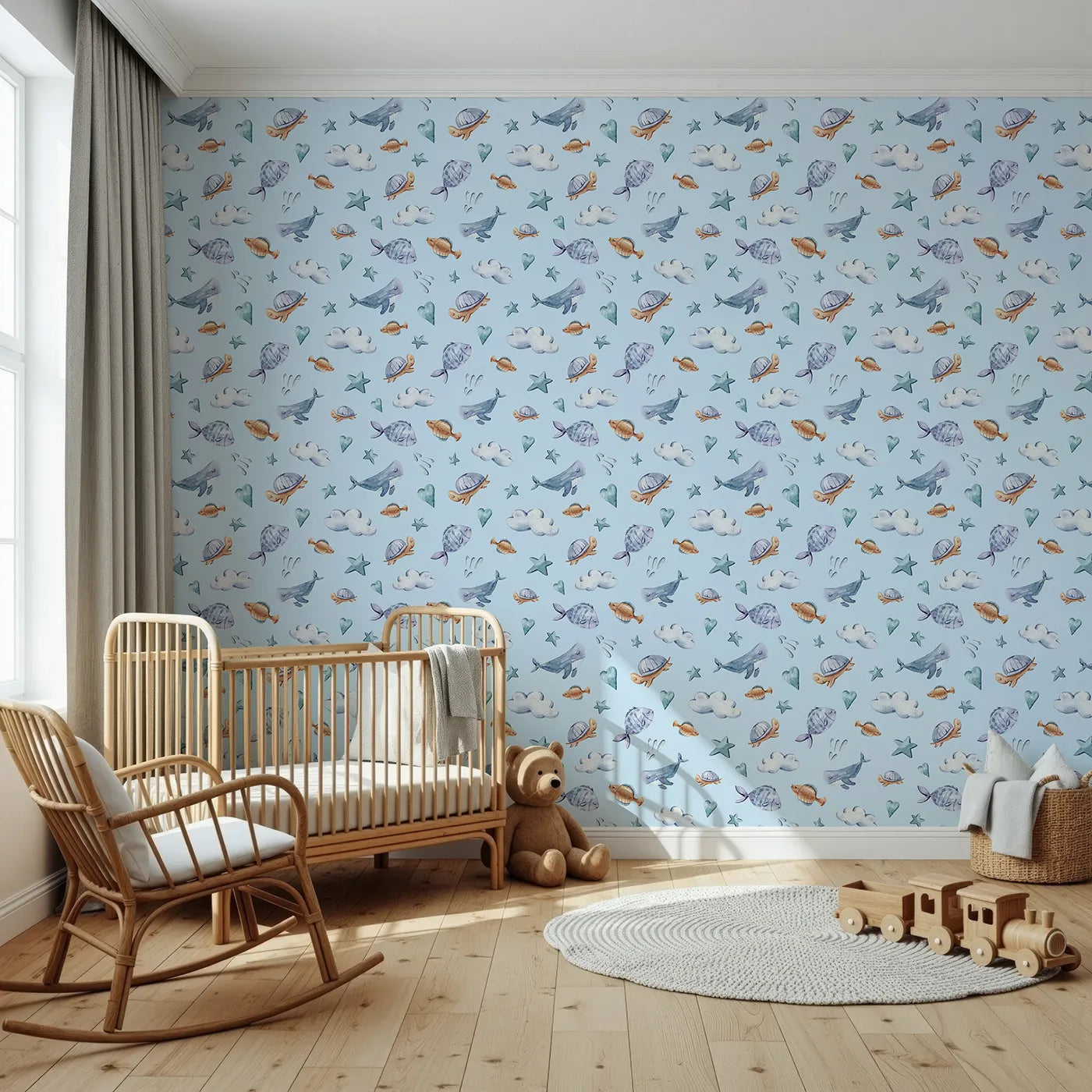 Front view of Whimsy Tots' Sleepy Sea Sky Wallpaper in Blue