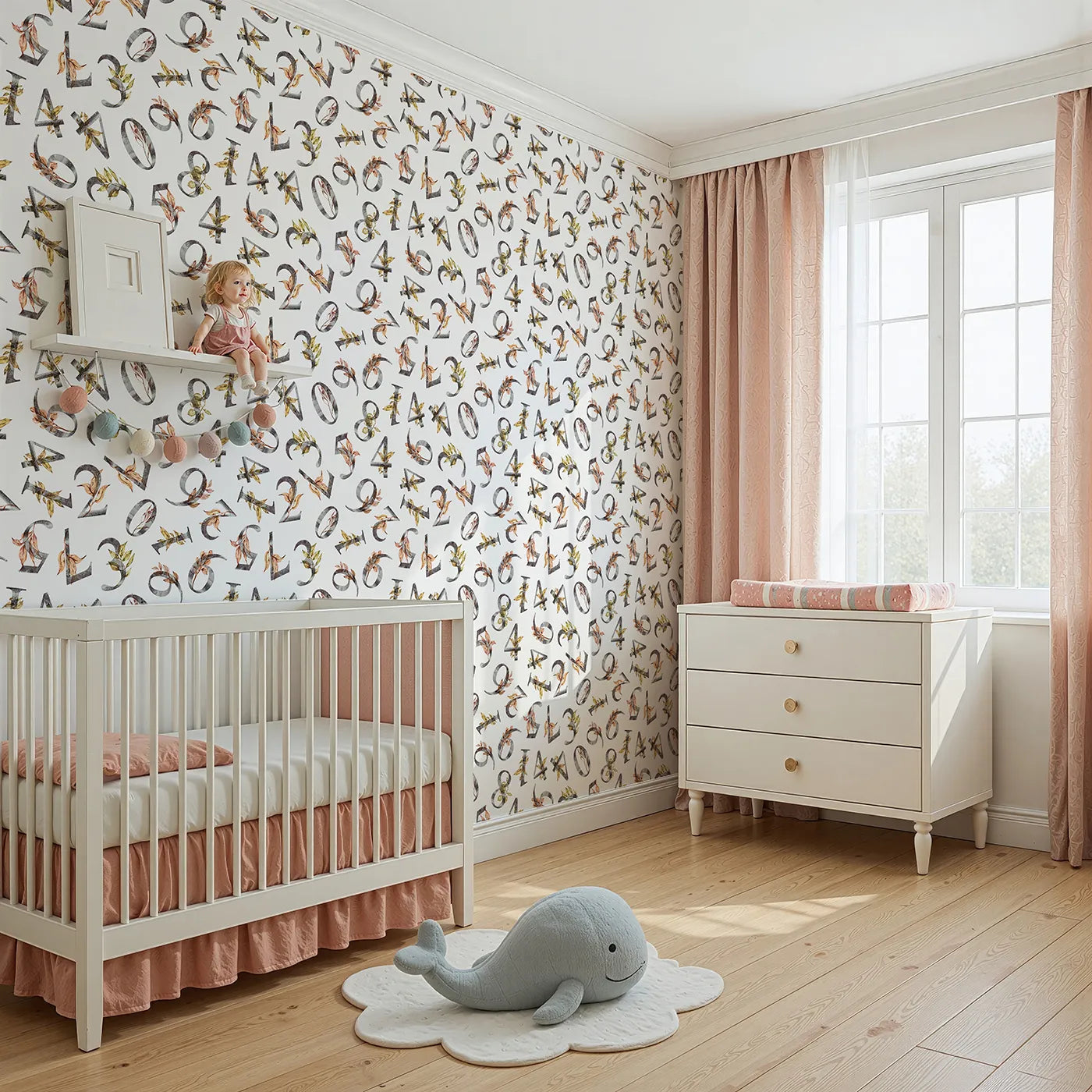 Angled view of Whimsy Tots' Botanical Numbers Wallpaper in White (W3418A).Rustic numbers bloom with leafy detail across a soft white sky.