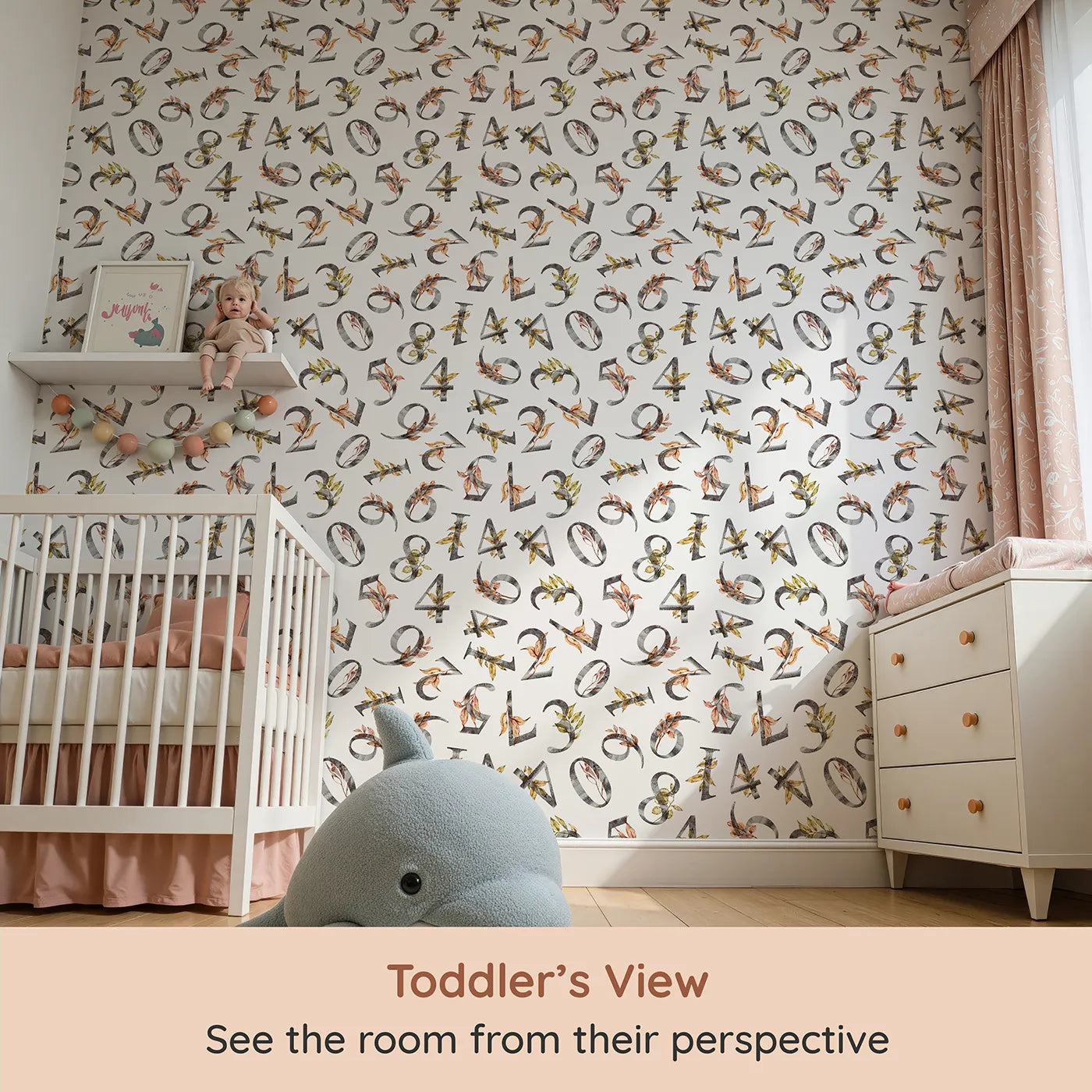 Whimsy Tots Botanical Numbers Wallpaper in White (W3418A) from your child's view.Rustic numbers bloom with leafy detail across a soft white sky.