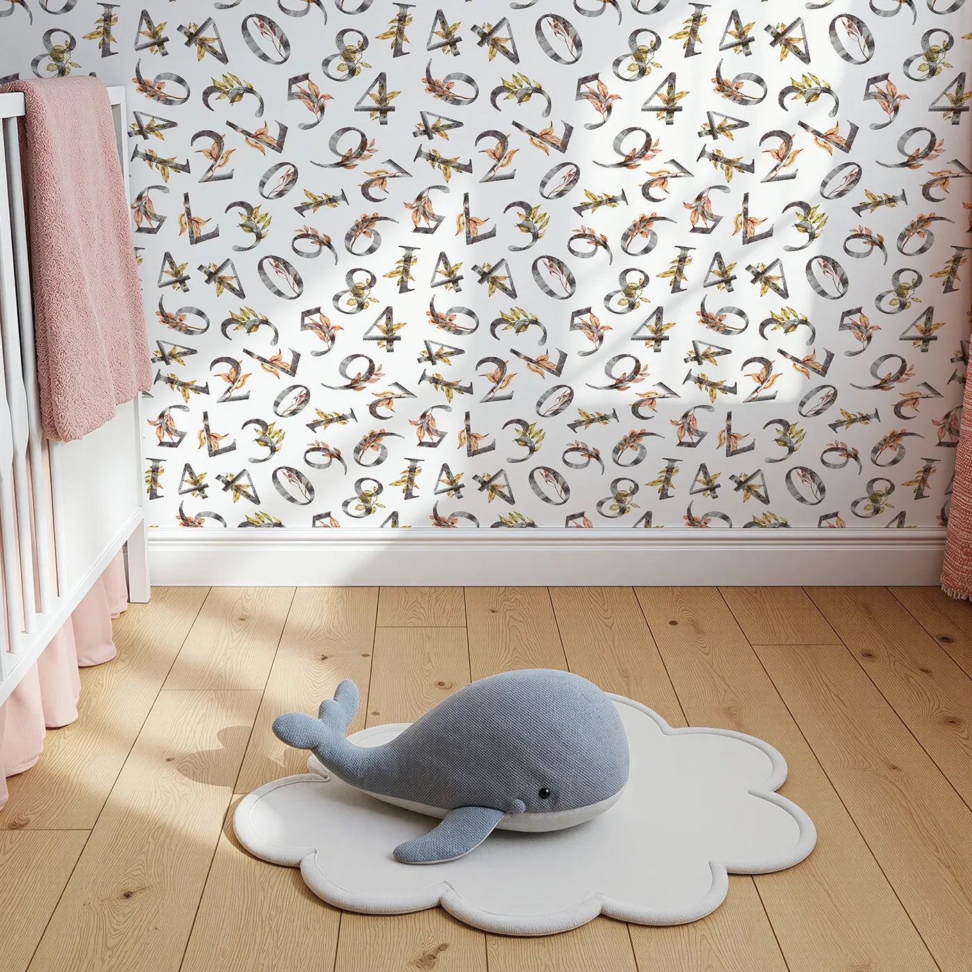 Top-Down view of Whimsy Tots' Botanical Numbers Wallpaper in White (W3418A).Rustic numbers bloom with leafy detail across a soft white sky.