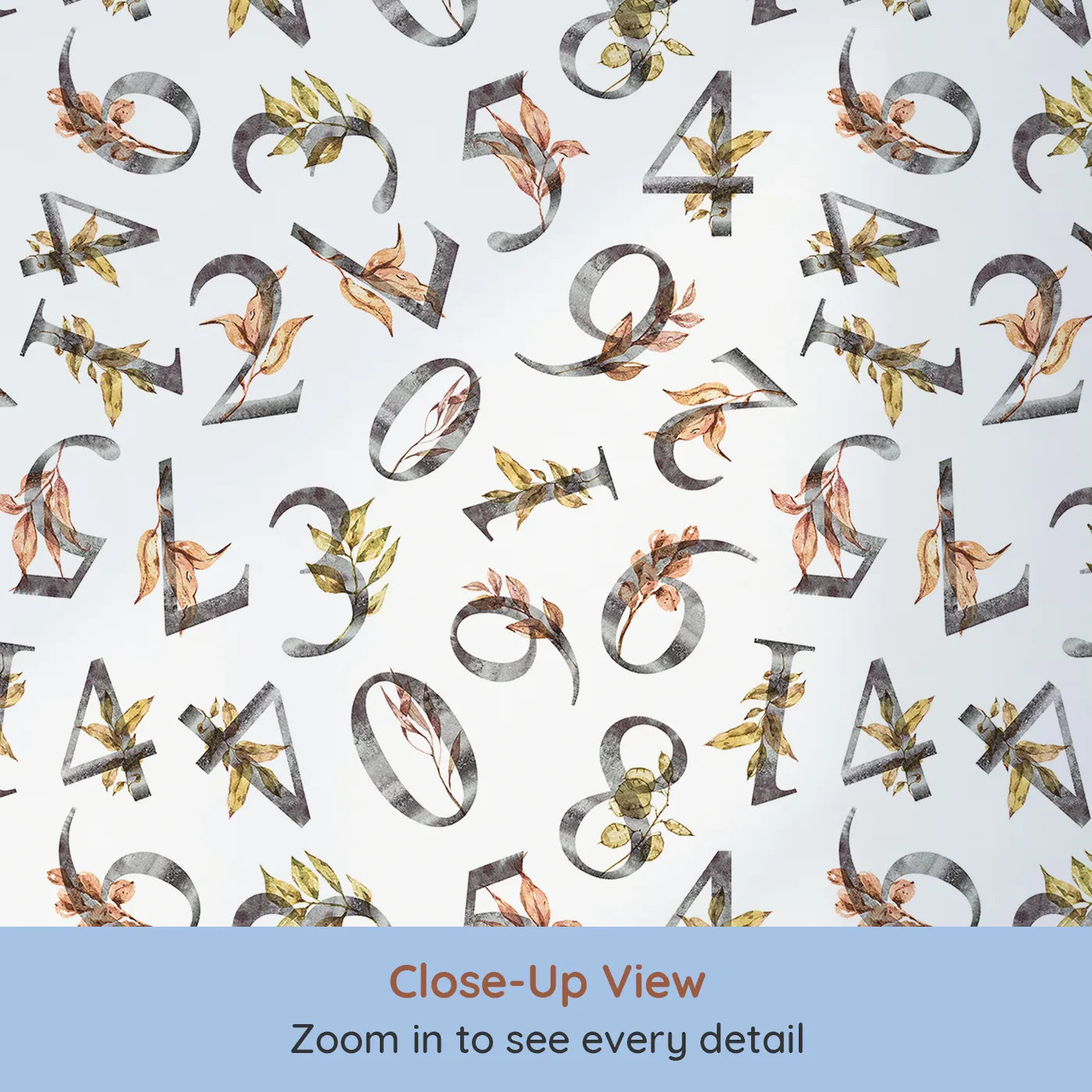 Close-up view of Whimsy Tots' Botanical Numbers Wallpaper in White (W3418A).Rustic numbers bloom with leafy detail across a soft white sky.