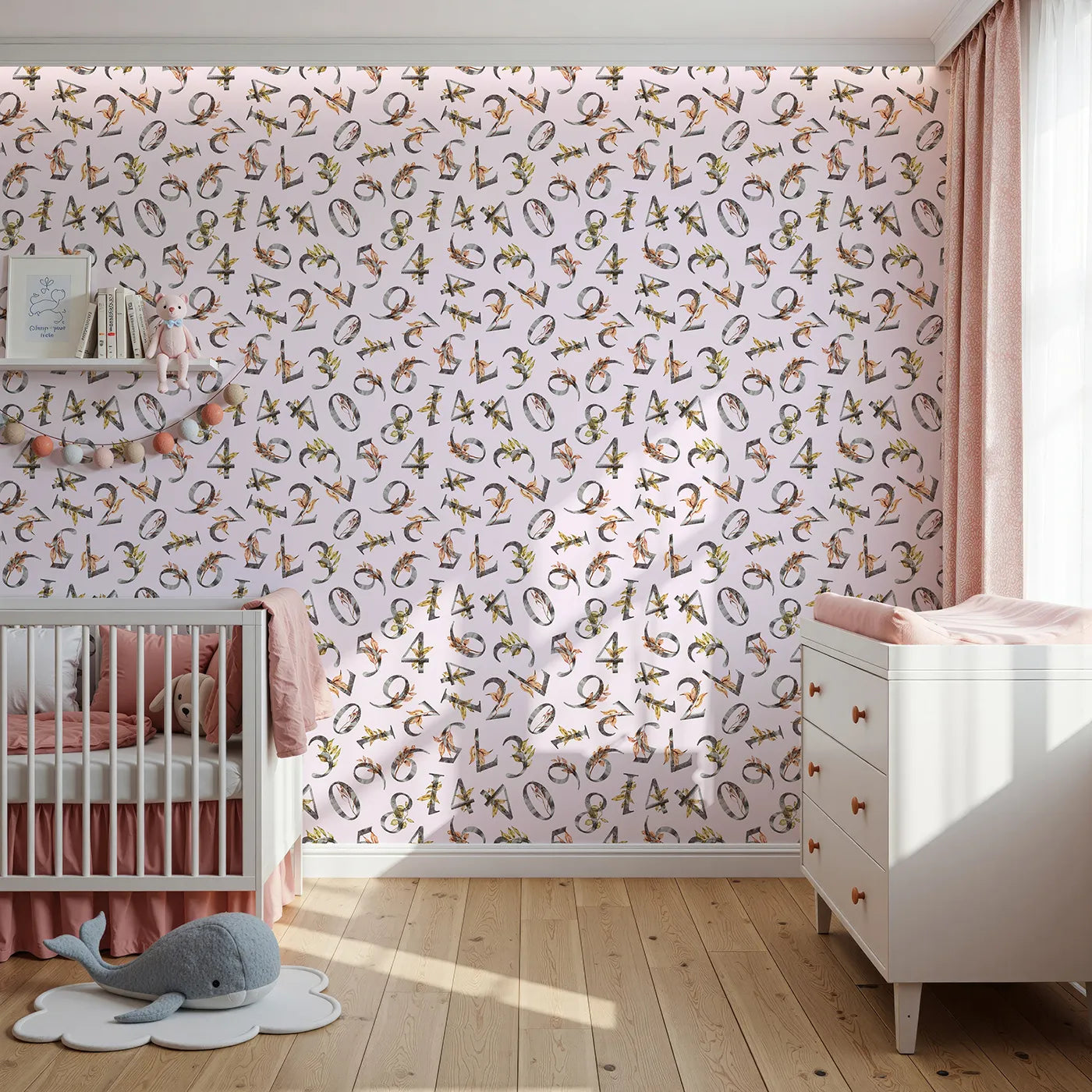 Front view of Whimsy Tots' Botanical Numbers Wallpaper in Blush Pink