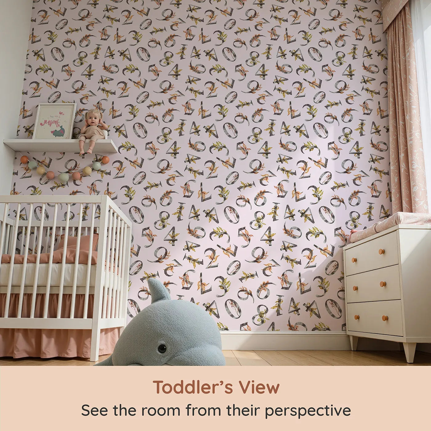 Whimsy Tots Botanical Numbers Wallpaper in Blush Pink (W3418B) from your child's view.Decorative numbers bloom with leaves across a pastel pink sky.