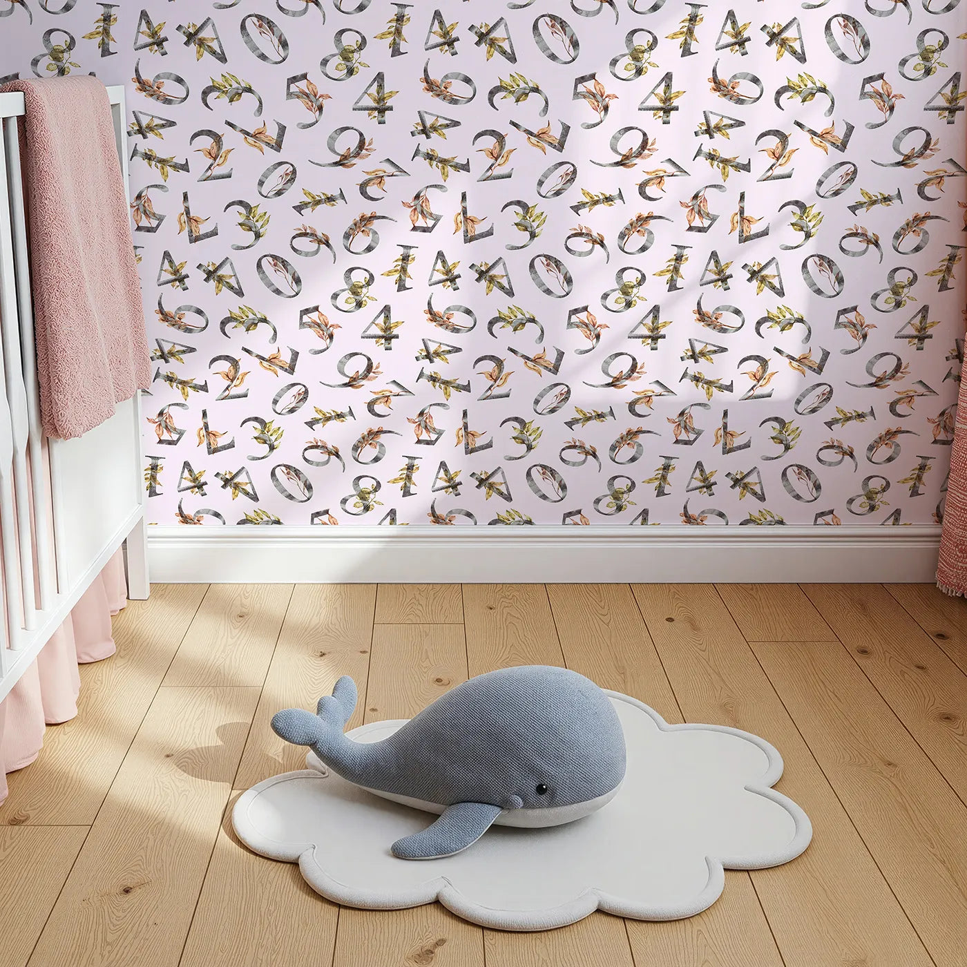 Top-Down view of Whimsy Tots' Botanical Numbers Wallpaper in Blush Pink (W3418B).Decorative numbers bloom with leaves across a pastel pink sky.
