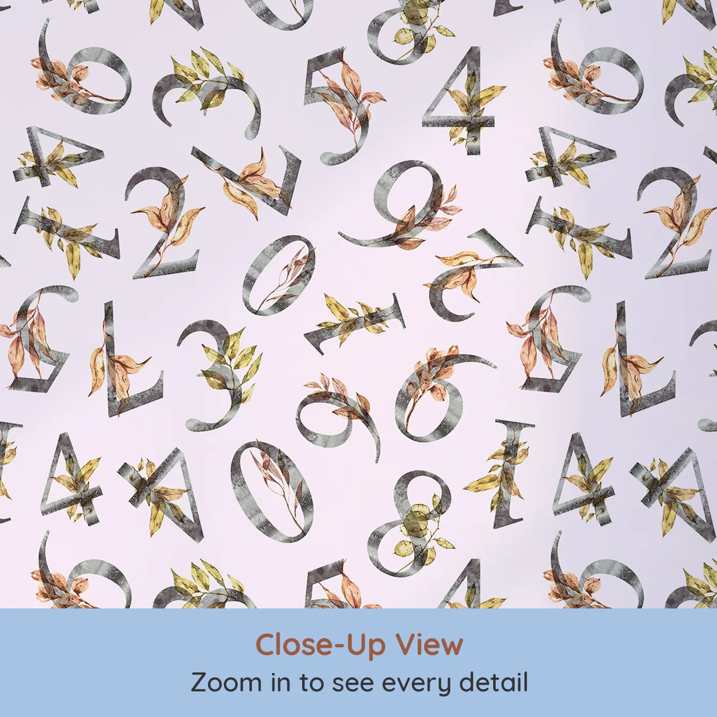 Close-up view of Whimsy Tots' Botanical Numbers Wallpaper in Blush Pink (W3418B).Decorative numbers bloom with leaves across a pastel pink sky.