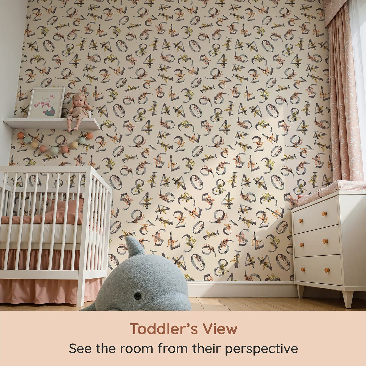 Whimsy Tots Botanical Numbers Wallpaper in Sand (W3418C) from your child's view.Rustic numerals and watercolor leaves dance across a sandy sky.