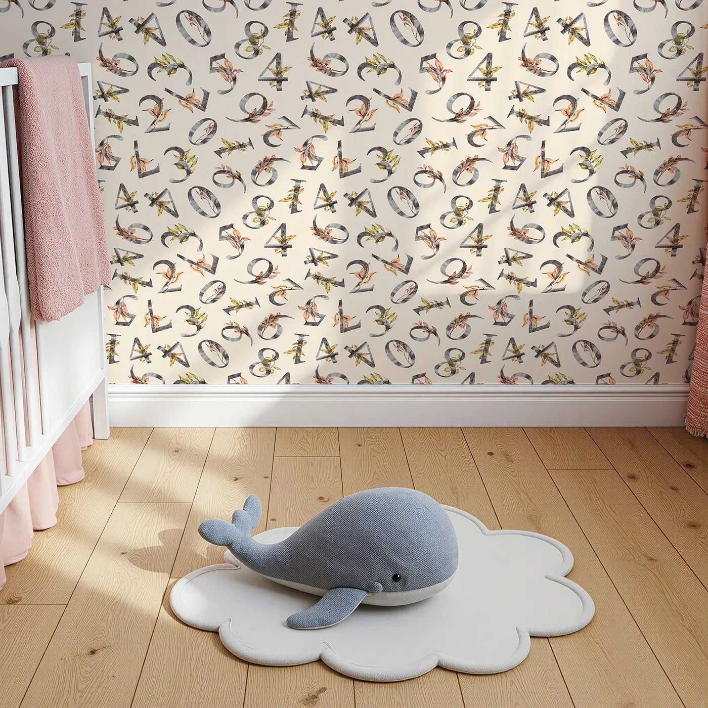 Top-Down view of Whimsy Tots' Botanical Numbers Wallpaper in Sand (W3418C).Rustic numerals and watercolor leaves dance across a sandy sky.