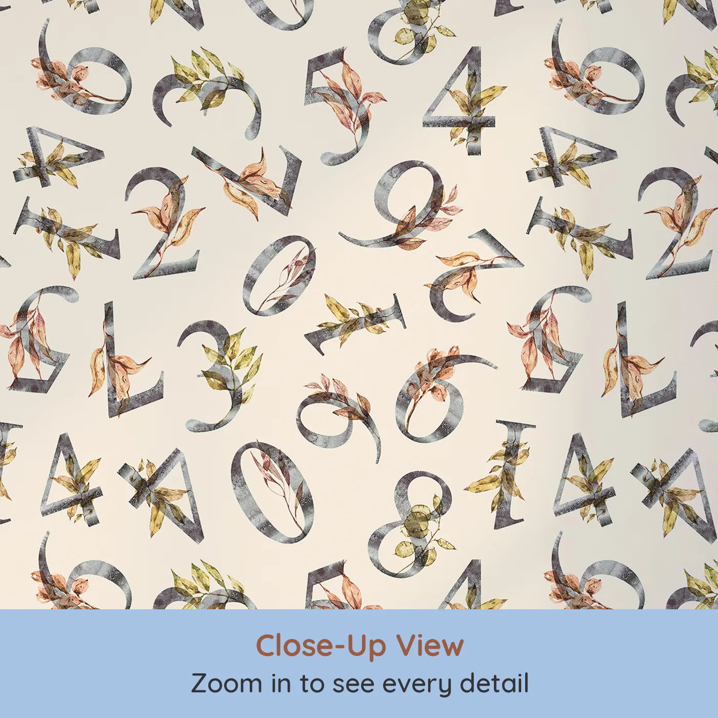 Close-up view of Whimsy Tots' Botanical Numbers Wallpaper in Sand (W3418C).Rustic numerals and watercolor leaves dance across a sandy sky.