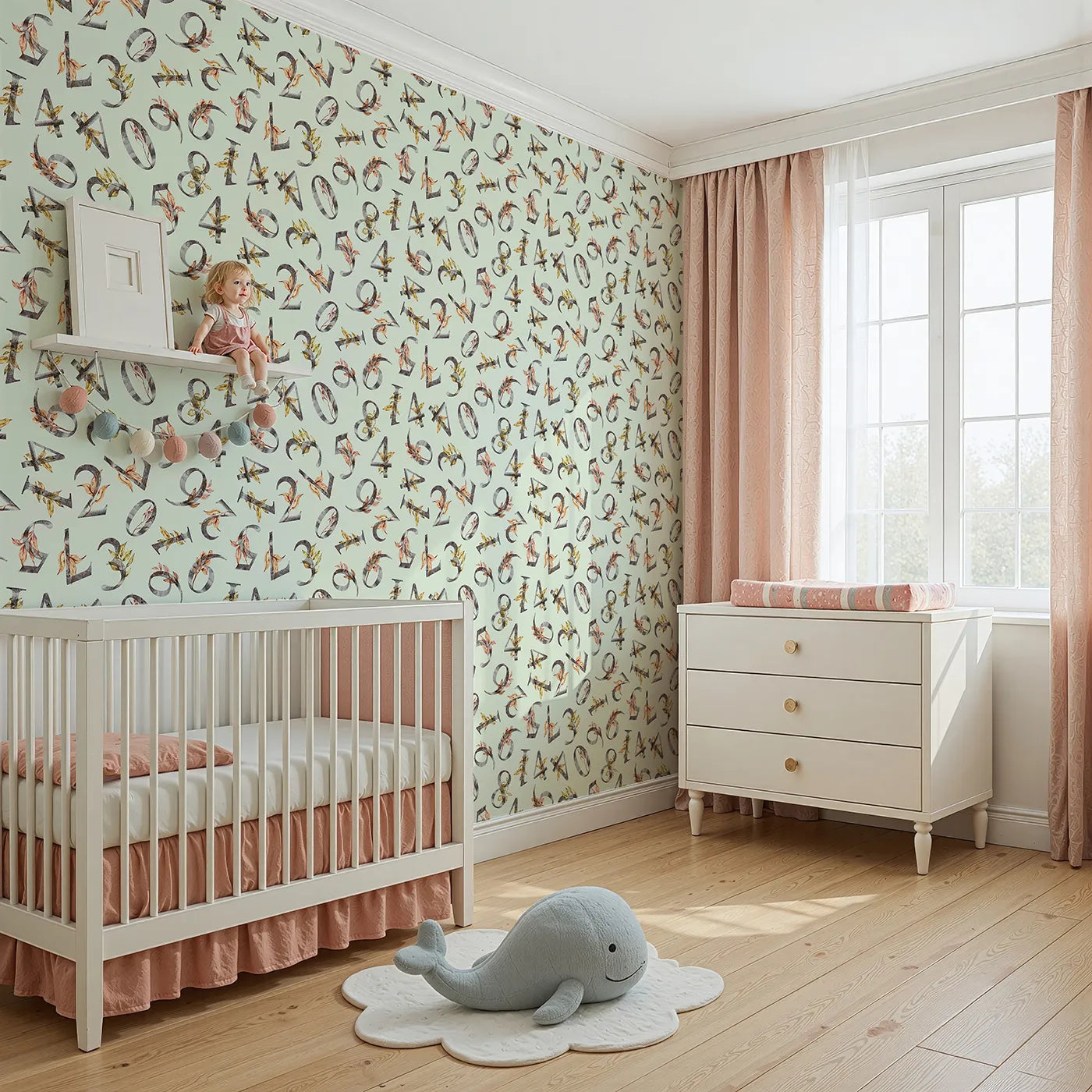 Angled view of Whimsy Tots' Botanical Numbers Wallpaper in Mint Green (W3418D).Botanical numbers bloom gently across a fresh mint green sky.