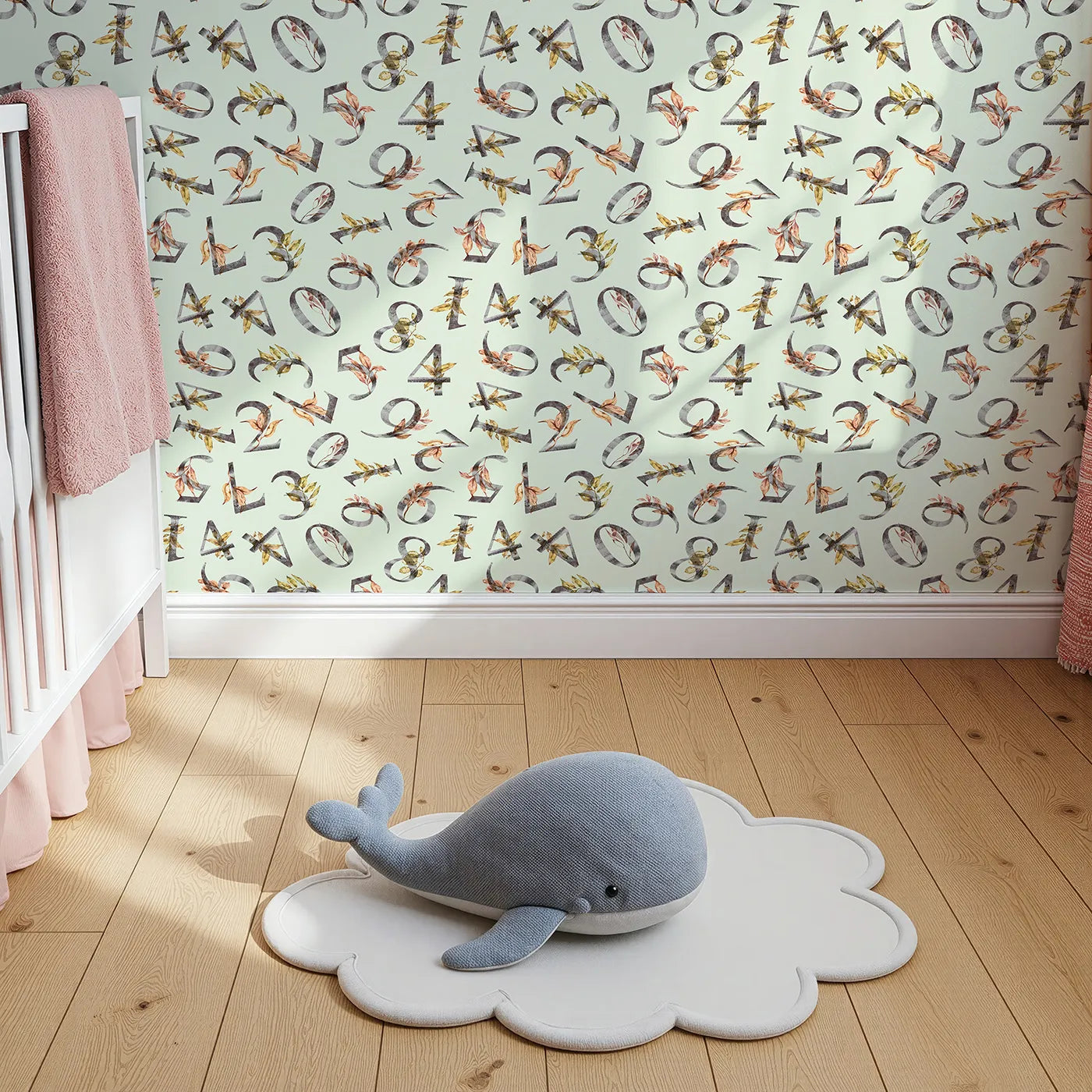 Top-Down view of Whimsy Tots' Botanical Numbers Wallpaper in Mint Green (W3418D).Botanical numbers bloom gently across a fresh mint green sky.