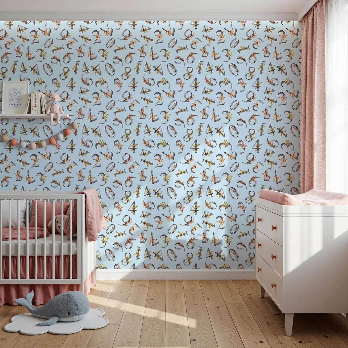 Front view of Whimsy Tots' Botanical Numbers Wallpaper in Blue