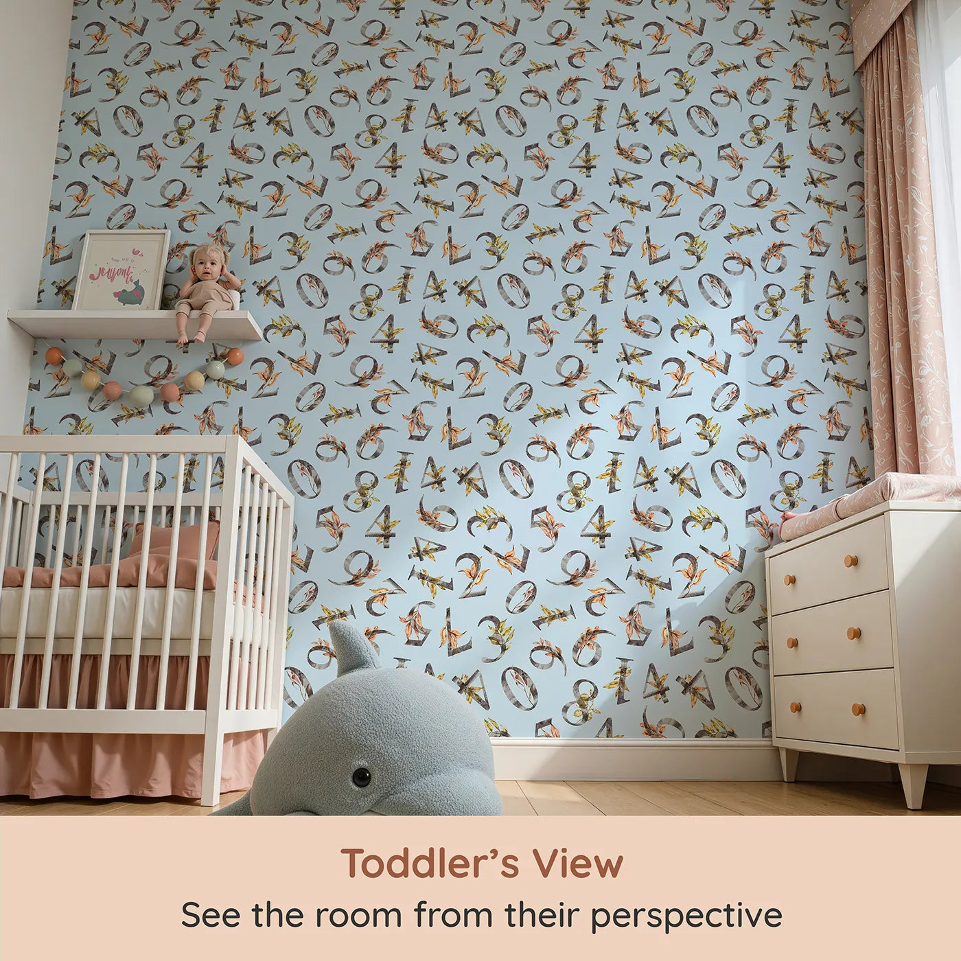Whimsy Tots Botanical Numbers Wallpaper in Blue (W3418E) from your child's view.Watercolor numbers and leaves drift softly across a pale blue sky.