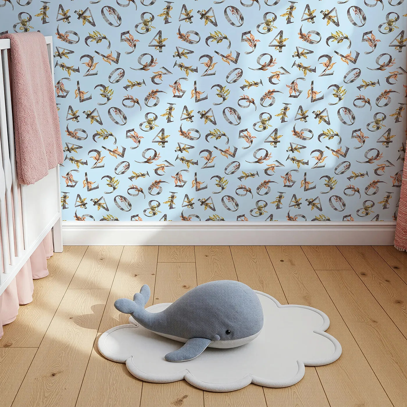 Top-Down view of Whimsy Tots' Botanical Numbers Wallpaper in Blue (W3418E).Watercolor numbers and leaves drift softly across a pale blue sky.