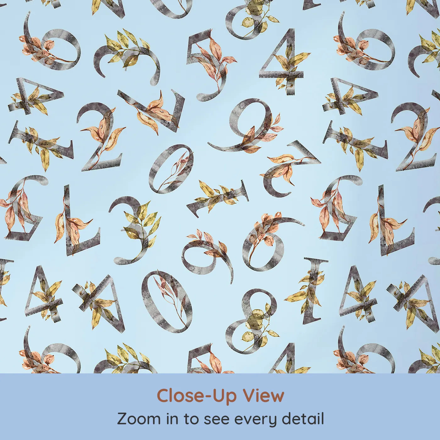 Close-up view of Whimsy Tots' Botanical Numbers Wallpaper in Blue (W3418E).Watercolor numbers and leaves drift softly across a pale blue sky.