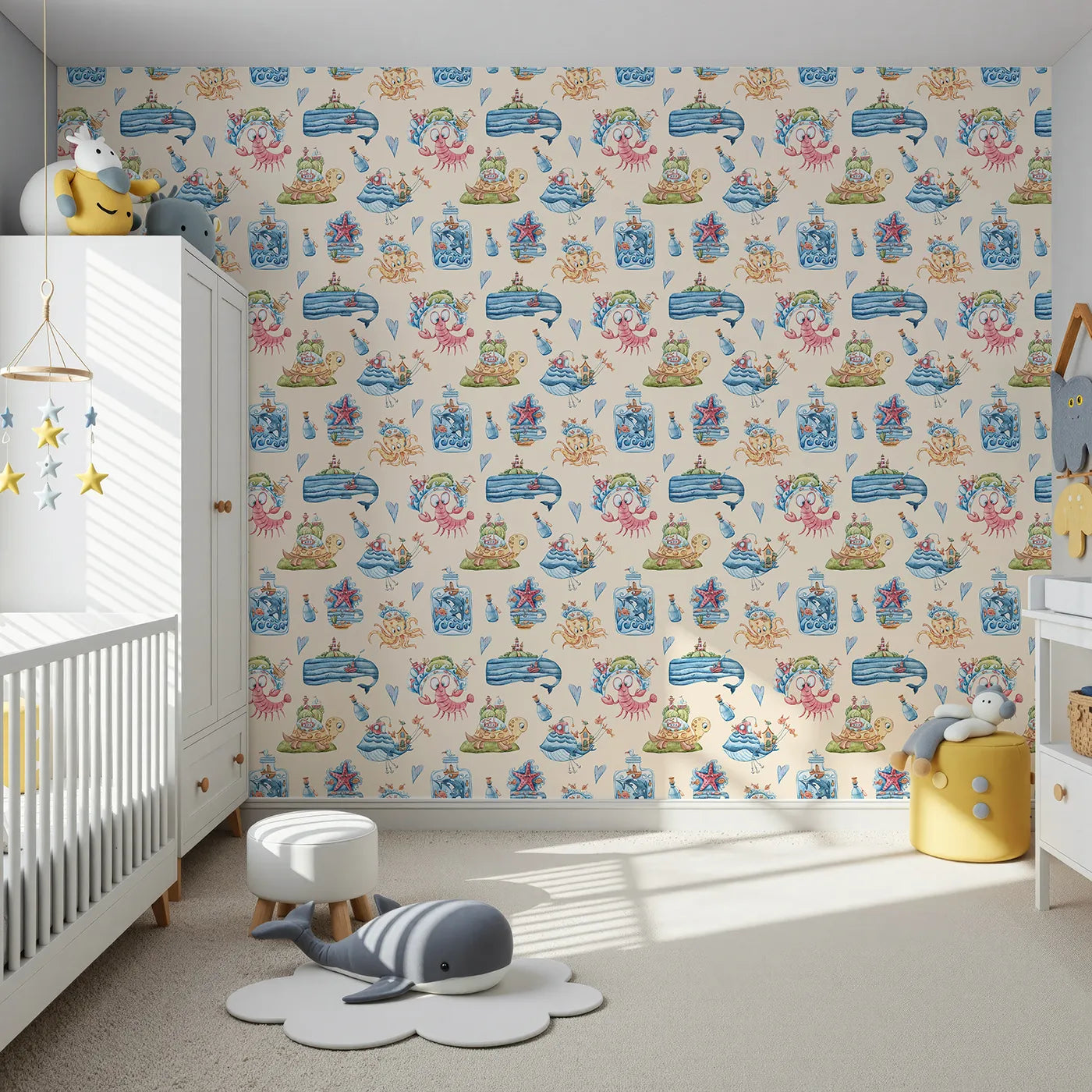 Front view of Whimsy Tots' Undersea Island Adventure Wallpaper in Sand