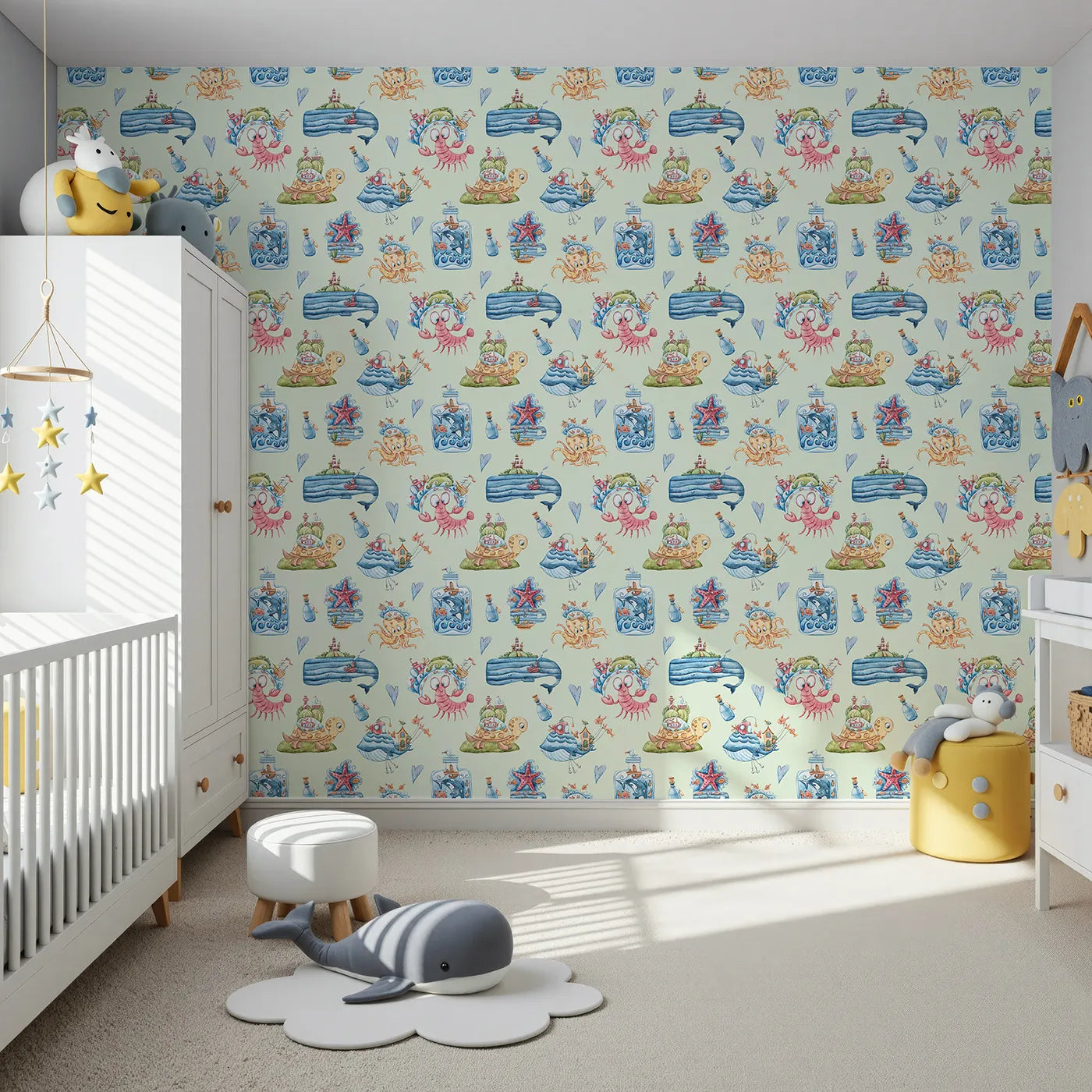 Front view of Whimsy Tots' Undersea Island Adventure Wallpaper in Mint Green