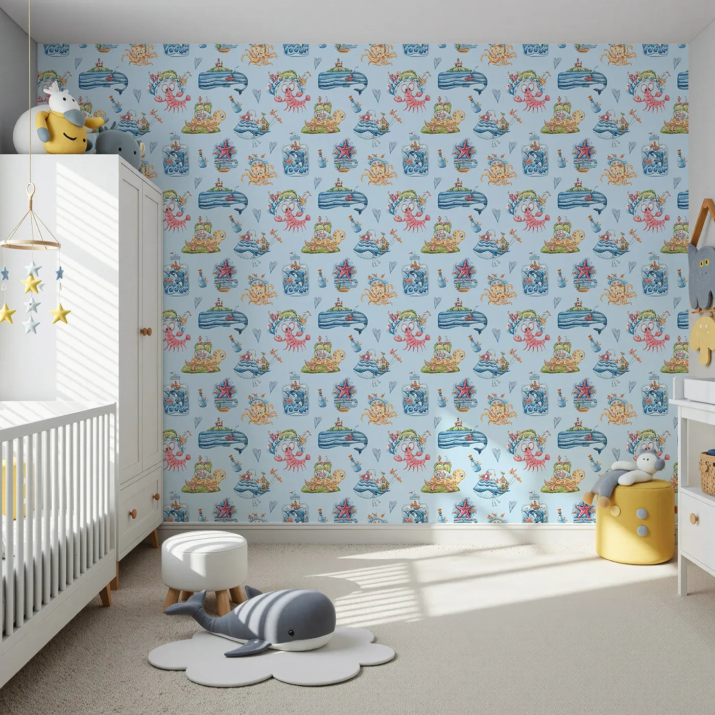 Front view of Whimsy Tots' Undersea Island Adventure Wallpaper in Blue