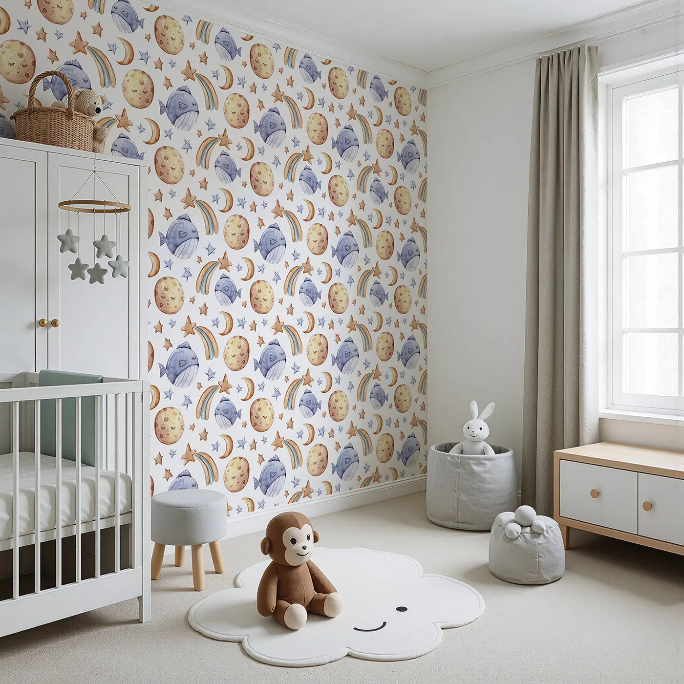 Angled view of Whimsy Tots' Sleepy Celestial Whale Wallpaper in White (W3421A).Snoozy whales and sleepy moons float across a calm night sky.