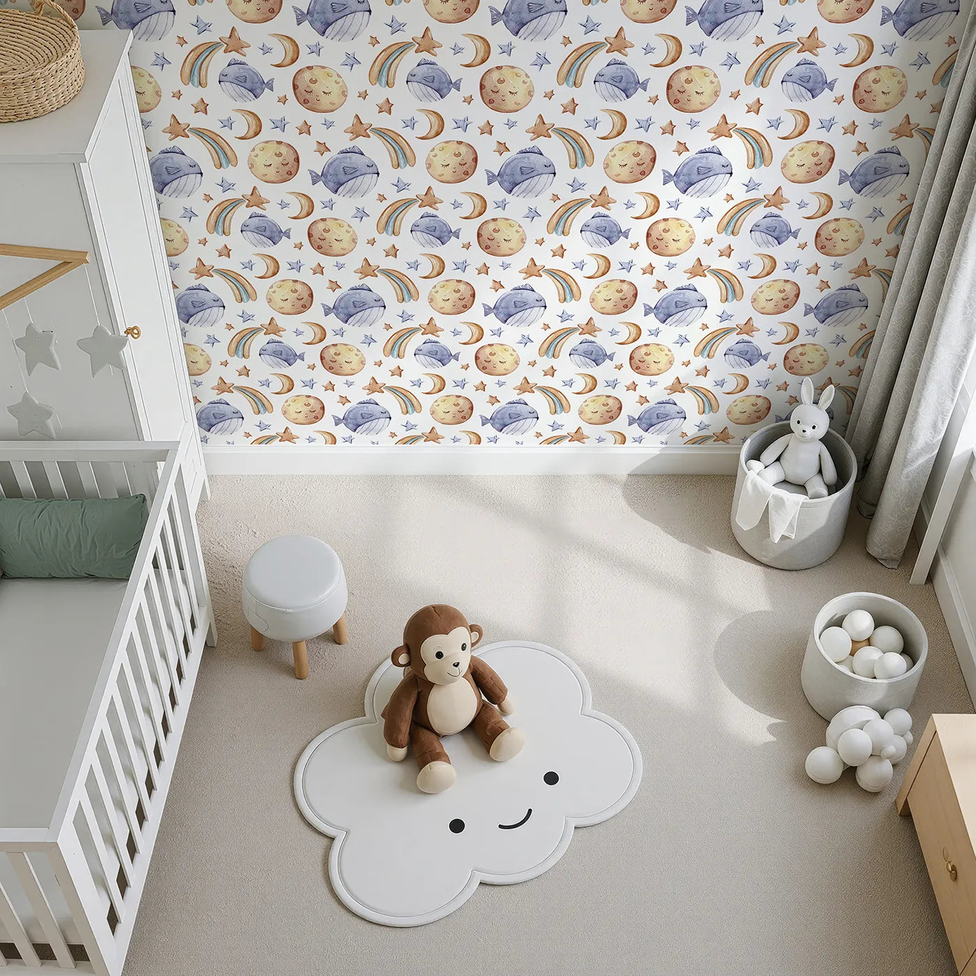 Top-Down view of Whimsy Tots' Sleepy Celestial Whale Wallpaper in White (W3421A).Snoozy whales and sleepy moons float across a calm night sky.