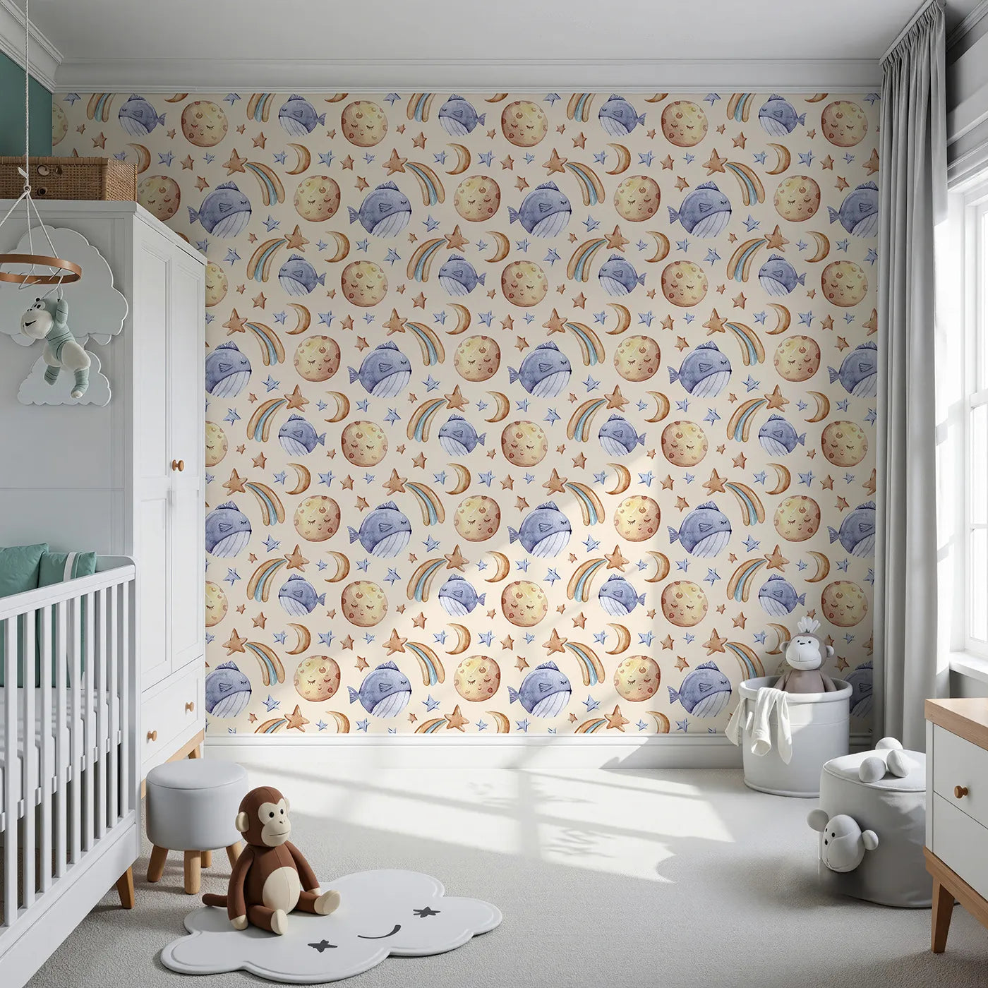 Front view of Whimsy Tots' Sleepy Celestial Whale Wallpaper in Sand