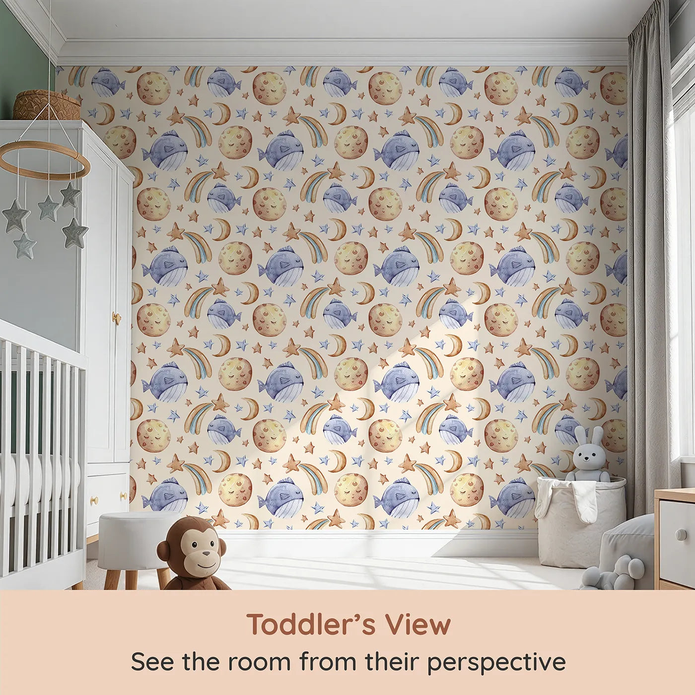 Whimsy Tots Sleepy Celestial Whale Wallpaper in Sand (W3421C) from your child's view.Dreamy moons and sleepy whales drift across a sandy sky.