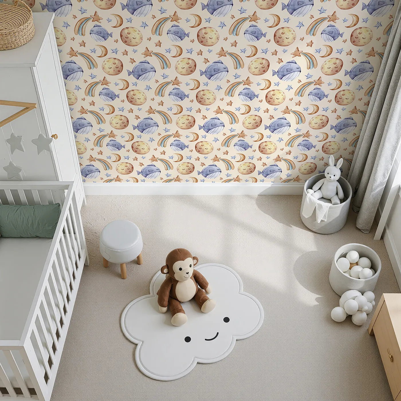 Top-Down view of Whimsy Tots' Sleepy Celestial Whale Wallpaper in Sand (W3421C).Dreamy moons and sleepy whales drift across a sandy sky.