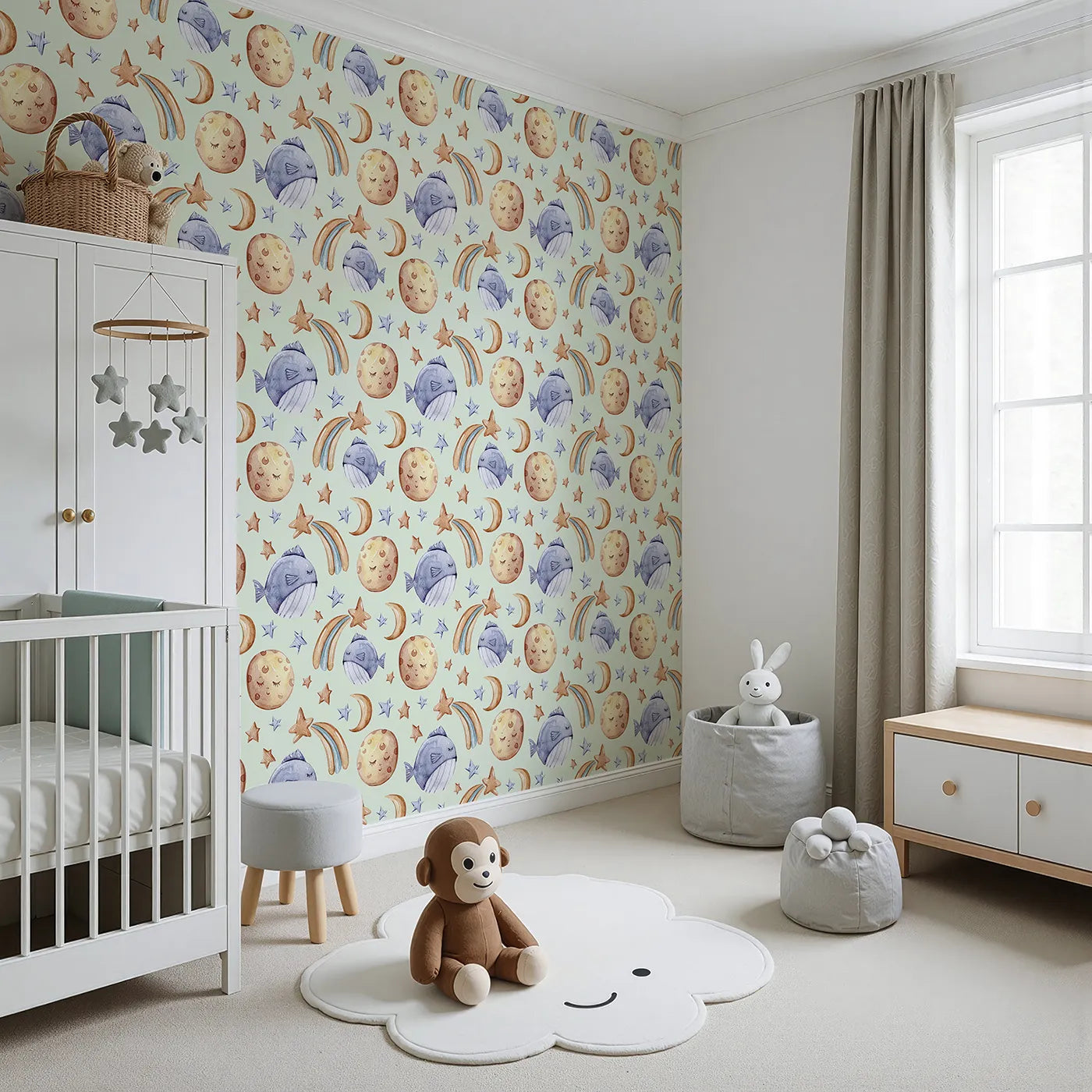 Angled view of Whimsy Tots' Sleepy Celestial Whale Wallpaper in Mint Green (W3421D).Soothing mint skies cradle sleepy whales and celestial moons.