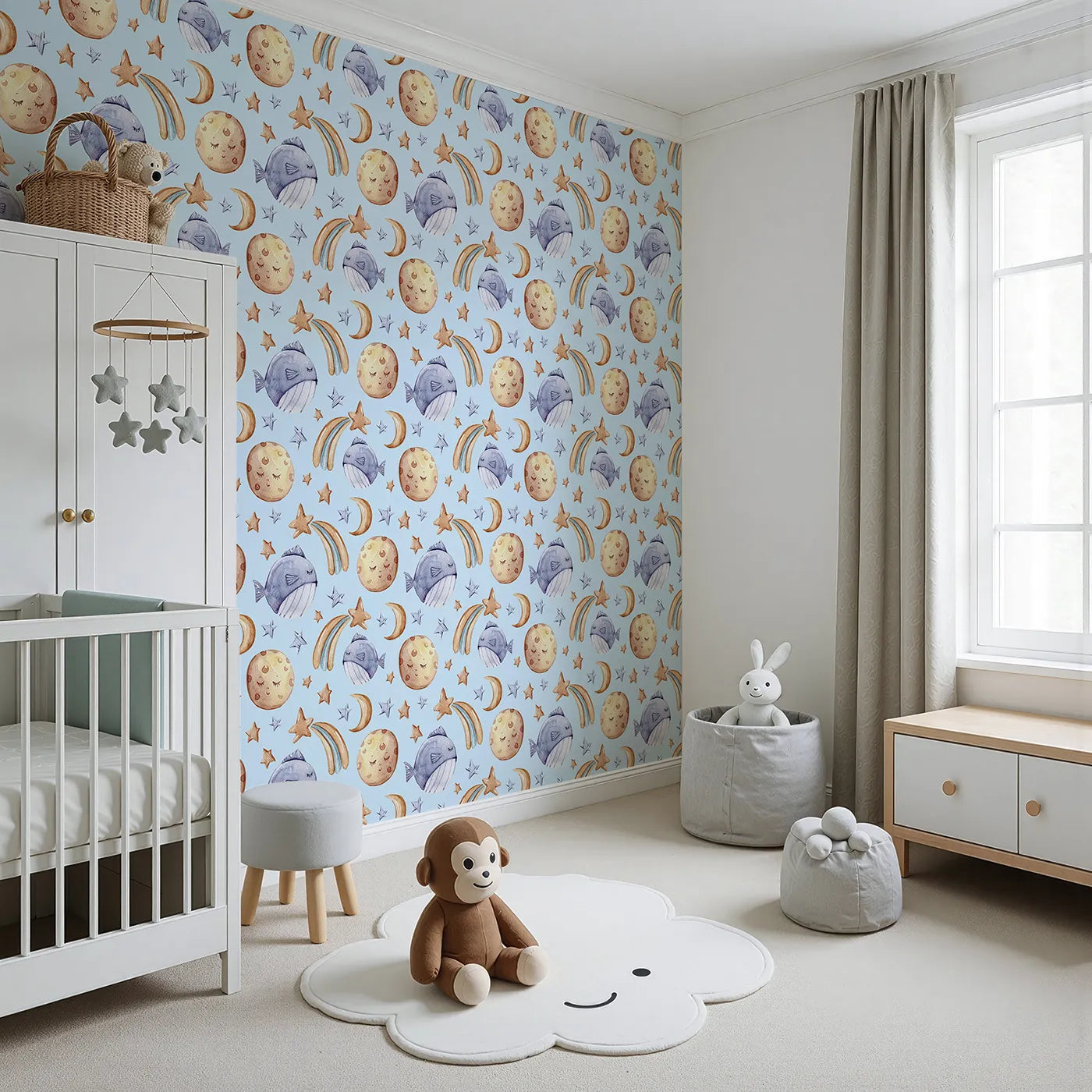 Angled view of Whimsy Tots' Sleepy Celestial Whale Wallpaper in Blue (W3421E).Soft blue skies cradle sleepy moons and starlit whales.