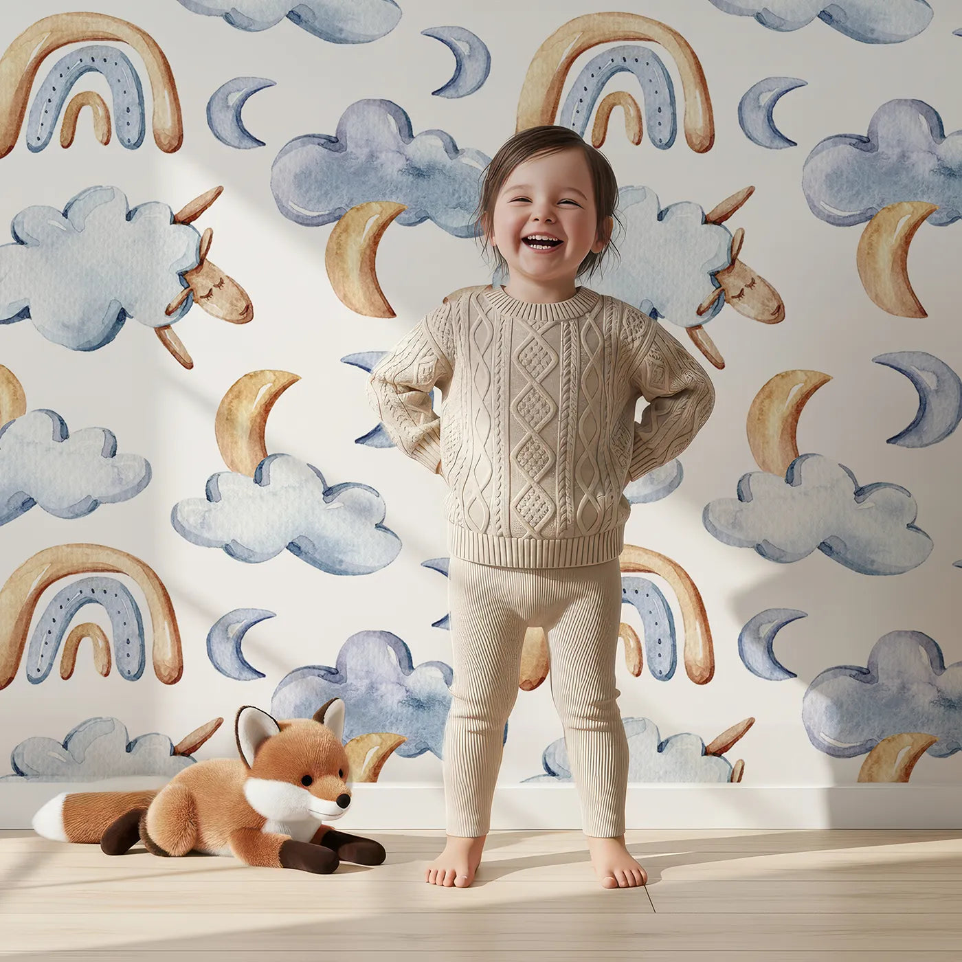 Lovely child standing in front of Whimsy Tots Sleepy Cloud Parade Wallpaper in White with cloud, moon, sheep, rainbow, star in design.