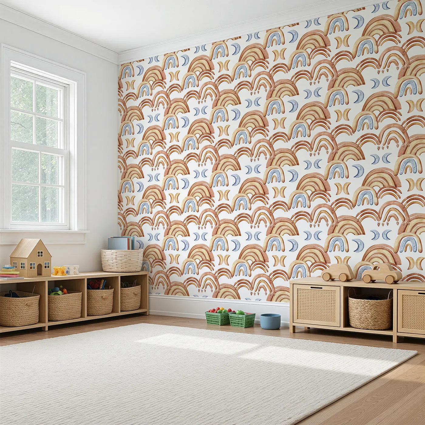 Angled view of Whimsy Tots' Boho Rainbow Night Wallpaper in White (W3423A).Earthy rainbows and sleepy moons dance across a calming white sky.