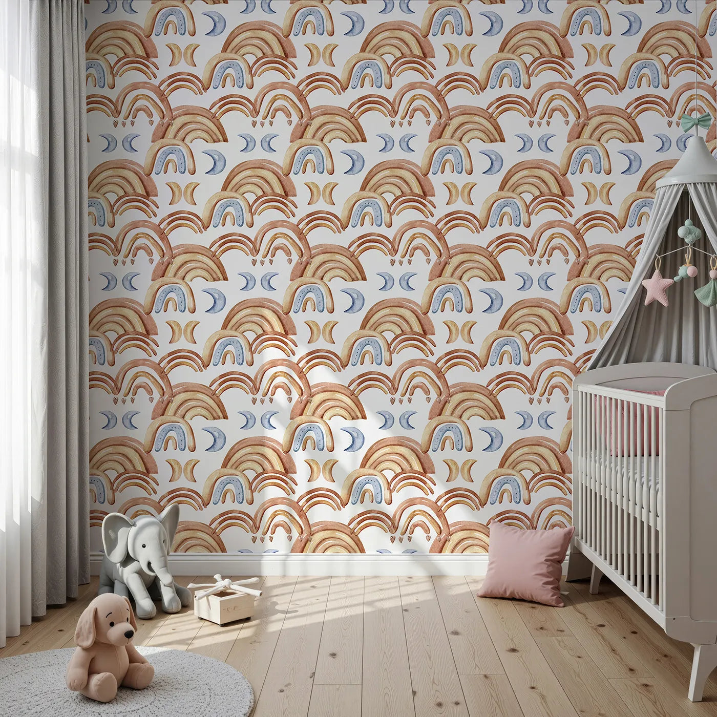 Front view of Whimsy Tots' Boho Rainbow Night Wallpaper in White