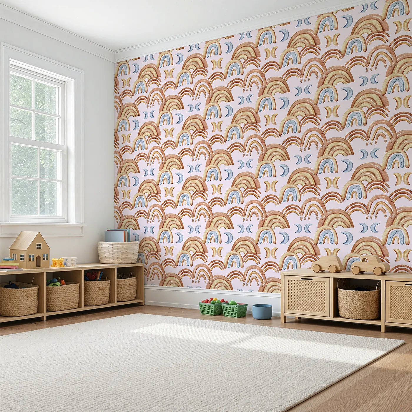 Angled view of Whimsy Tots' Boho Rainbow Night Wallpaper in Blush Pink (W3423B).Terracotta rainbows and soft moons float across a pastel pink sky.