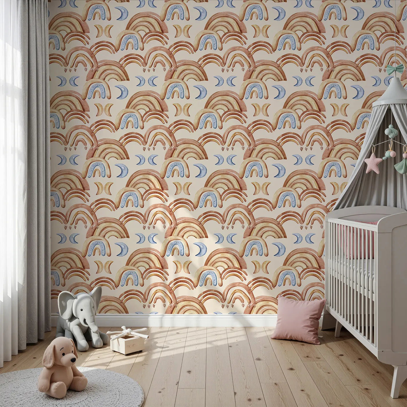 Front view of Whimsy Tots' Boho Rainbow Night Wallpaper in Sand