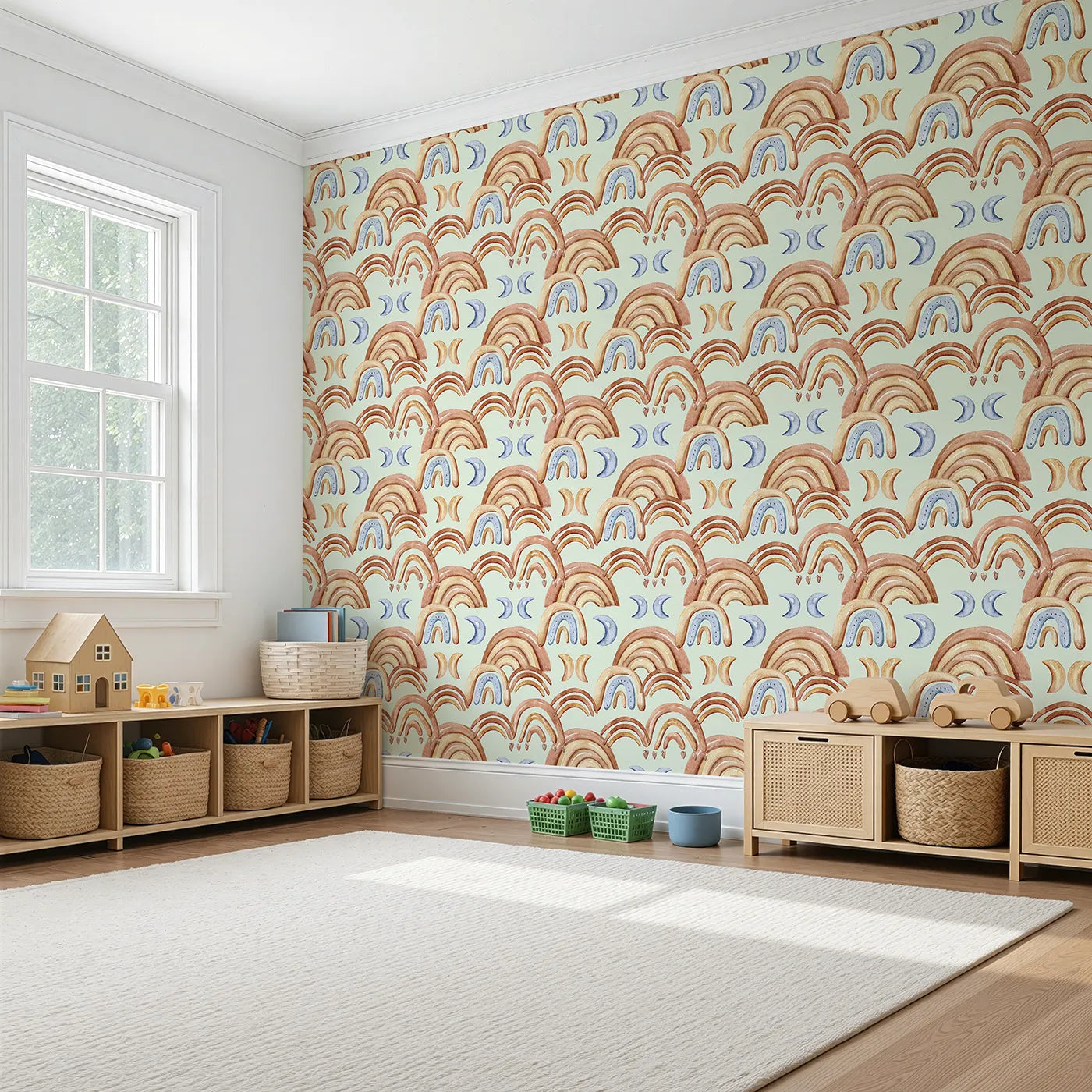 Angled view of Whimsy Tots' Boho Rainbow Night Wallpaper in Mint Green (W3423D).Cool mint skies carry earthy rainbows and dreamy moons.