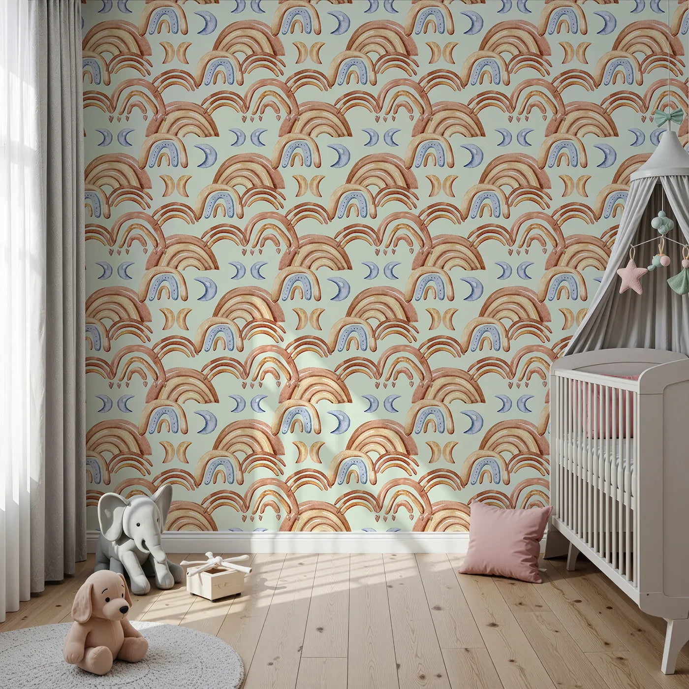 Front view of Whimsy Tots' Boho Rainbow Night Wallpaper in Mint Green