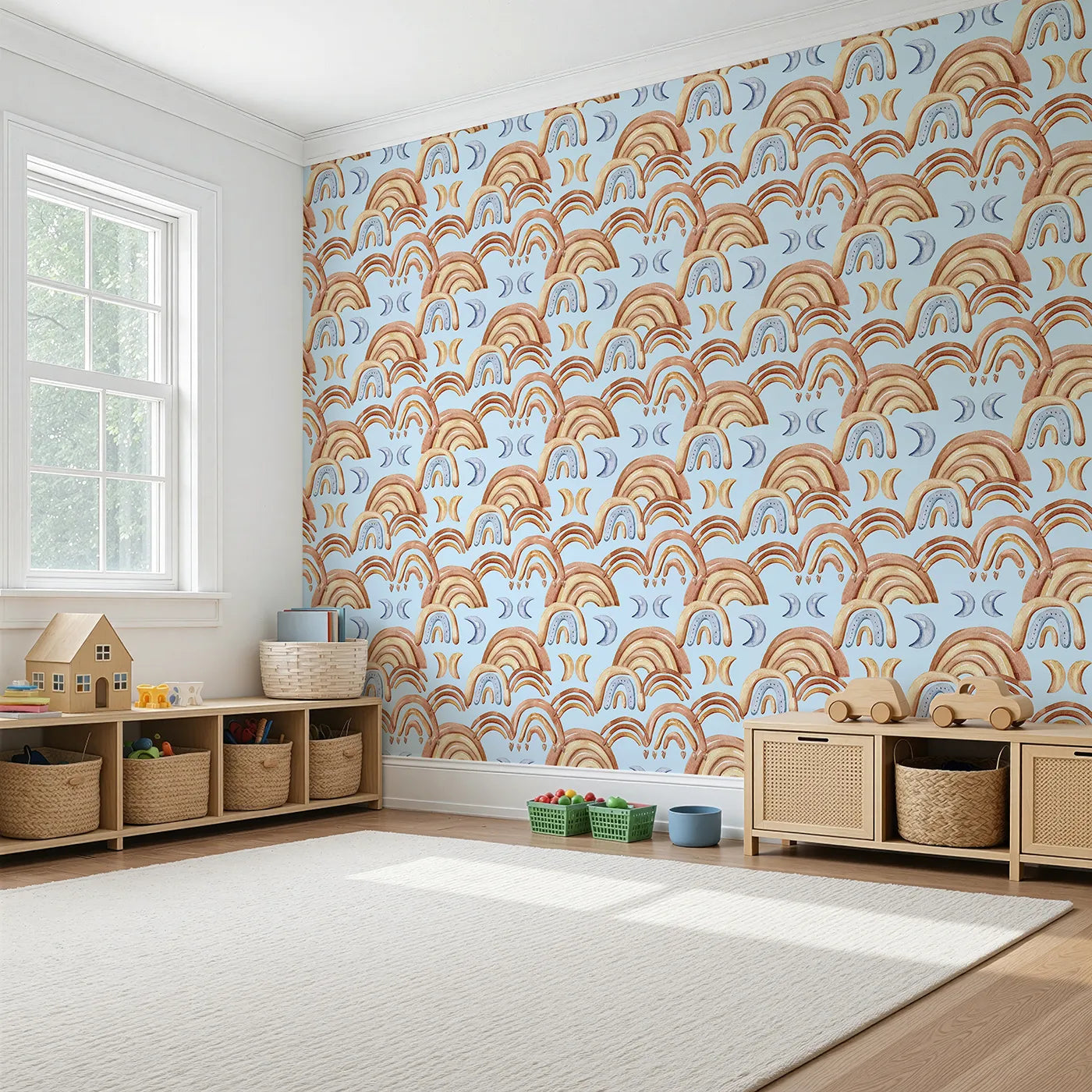 Angled view of Whimsy Tots' Boho Rainbow Night Wallpaper in Blue (W3423E).Warm arches and cool moons drift across a soft blue sky.
