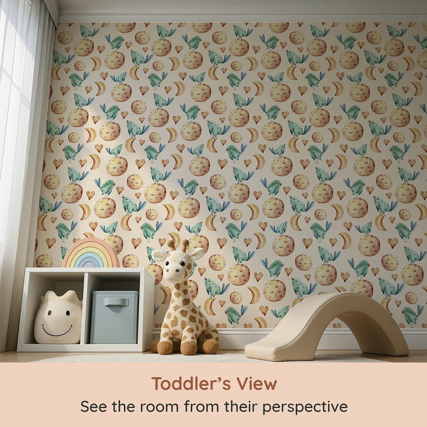 Whimsy Tots Lunar Lullaby Birds Wallpaper in Sand (W3426C) from your child's view.Dreamy birds and smiling moons drift through cozy golden skies.