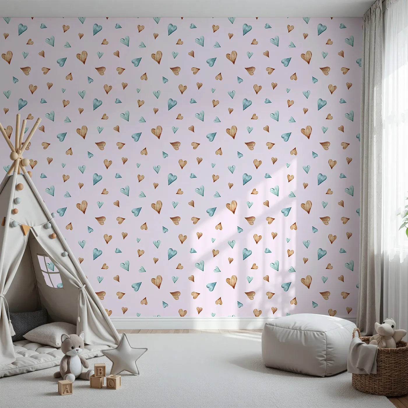 Front view of Whimsy Tots' Heartful Whimsy Wallpaper in Blush Pink