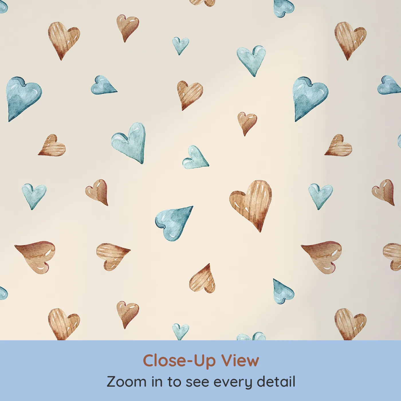 Close-up view of Whimsy Tots' Heartful Whimsy Wallpaper in Sand (W3428C).Woodgrain and watercolor hearts drift across a sandy canvas.