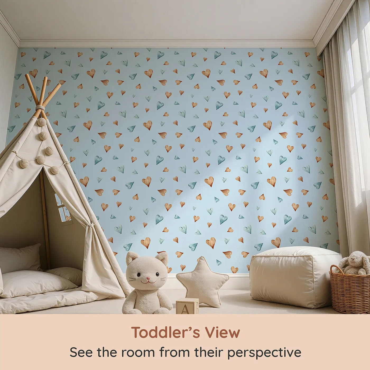 Whimsy Tots Heartful Whimsy Wallpaper in Sky (W3428E) from your child's view.Sweet watercolor hearts drift across a clear sky of calm.