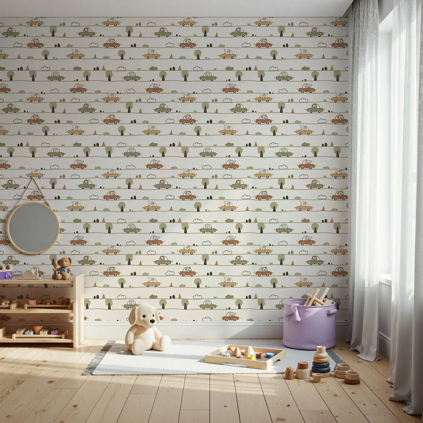 Front view of Whimsy Tots' Zoomie Safari Drive Wallpaper