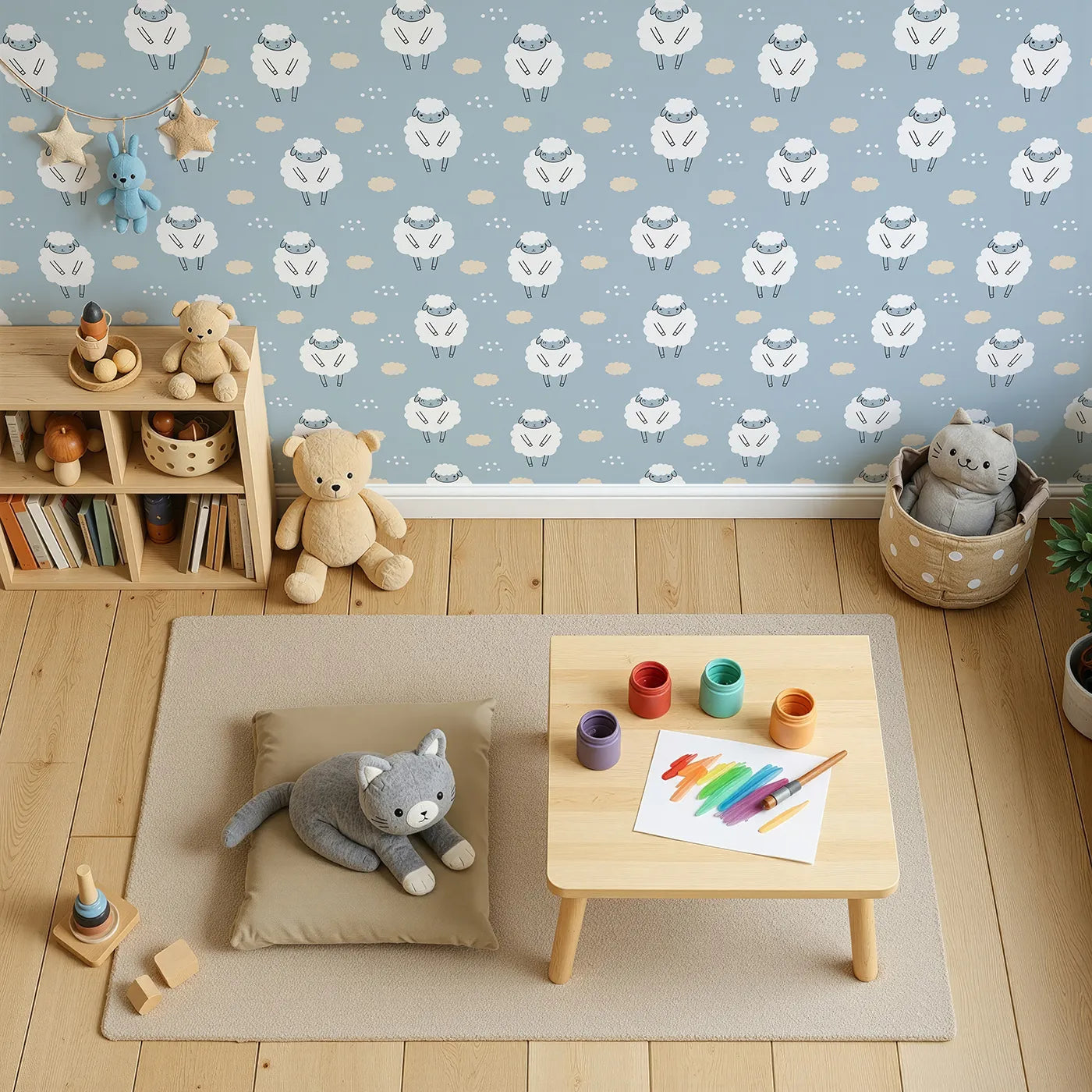 Top-Down view of Whimsy Tots' Counting Sheep Sky Wallpaper (W3431).Fluffy sheep float peacefully across a soft blue dream.