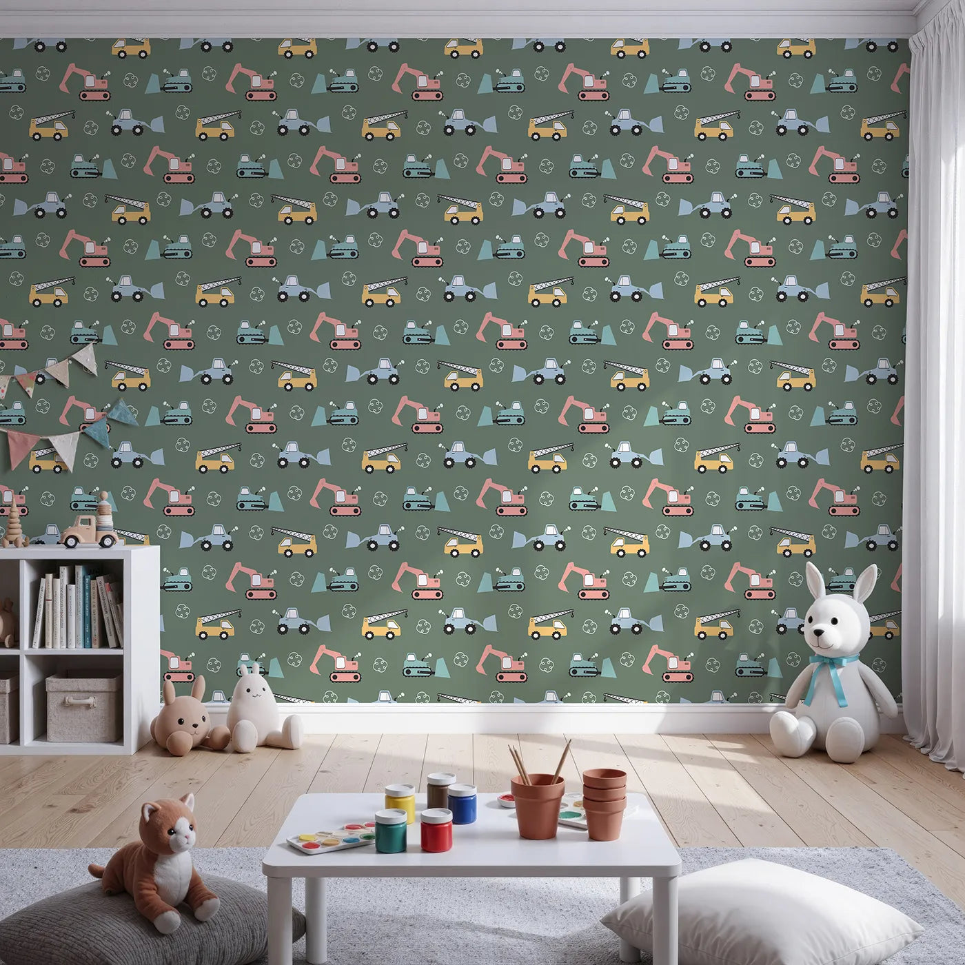 Front view of Whimsy Tots' Mighty Machines Construction Wallpaper in Olive Green
