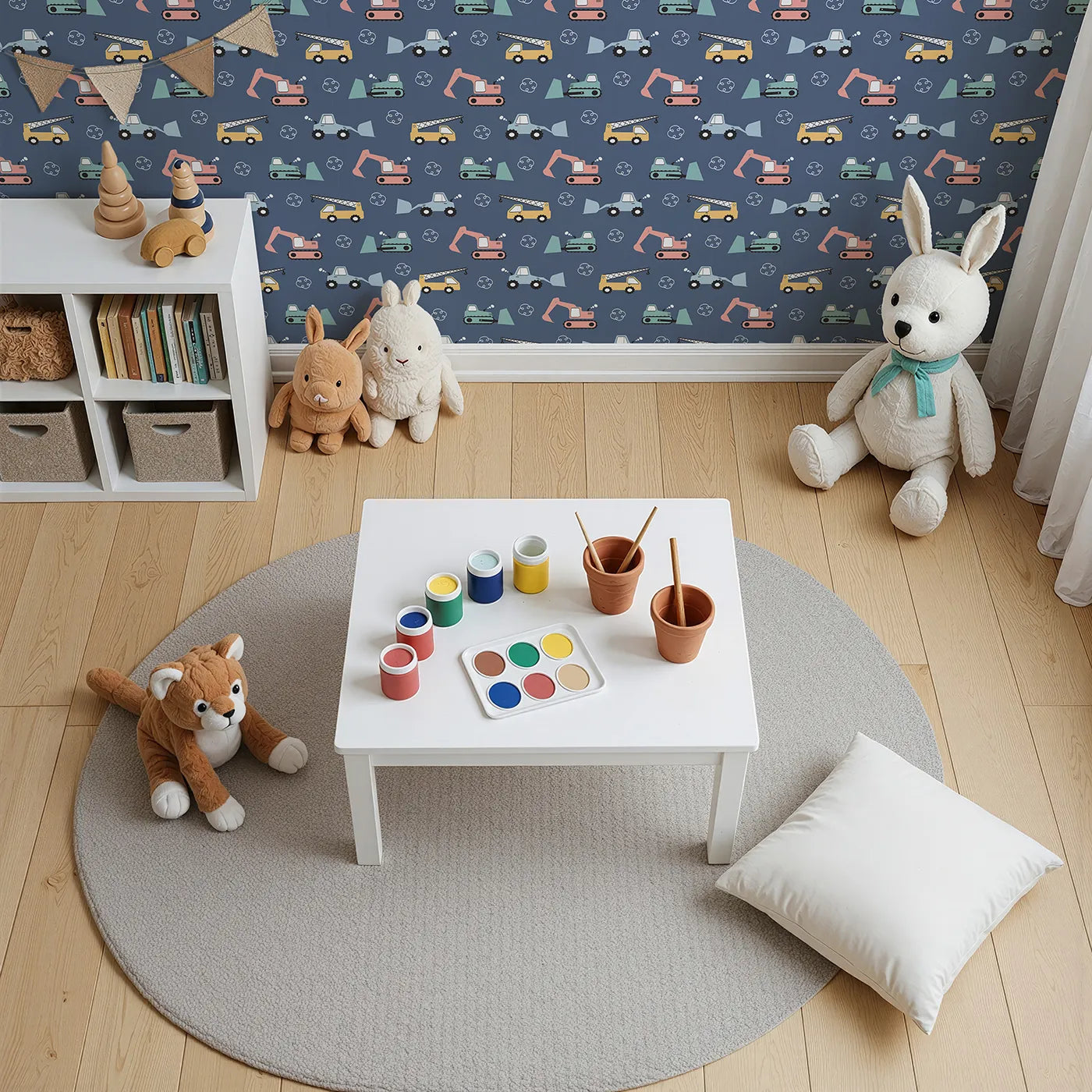 Top-Down view of Whimsy Tots' Mighty Machines Construction Wallpaper in Navy Blue (W3432C).Busy diggers and trucks roll across a navy-toned dream.