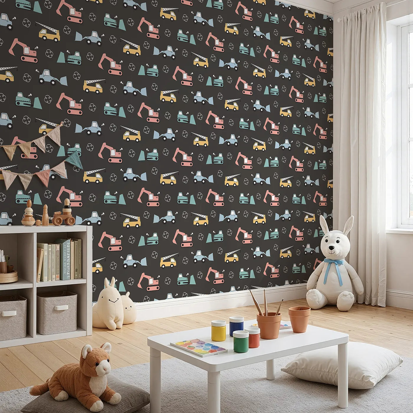 Angled view of Whimsy Tots' Mighty Machines Construction Wallpaper in Charcoal Gray (W3432D).Colorful machines pop against a deep charcoal backdrop.
