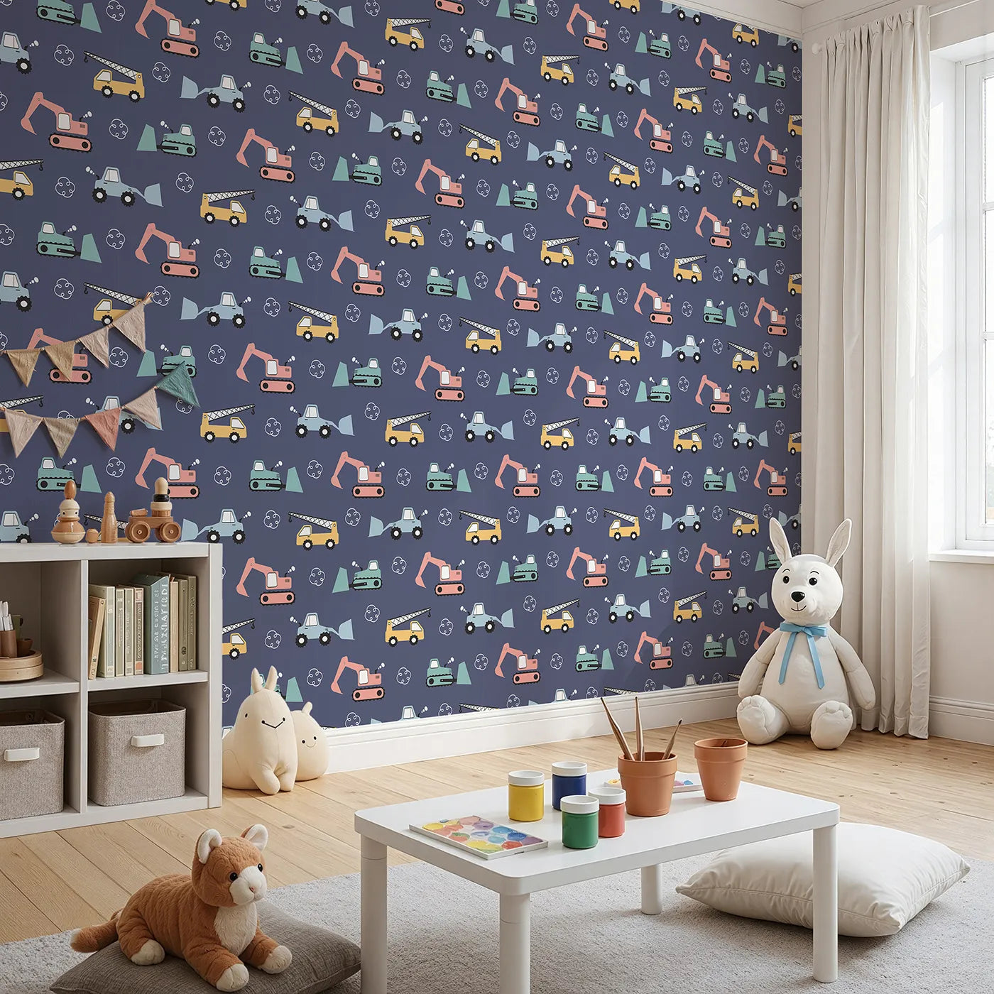 Angled view of Whimsy Tots' Mighty Machines Construction Wallpaper in Denim (W3432E).Friendly trucks and cranes roll across a denim blue scene.