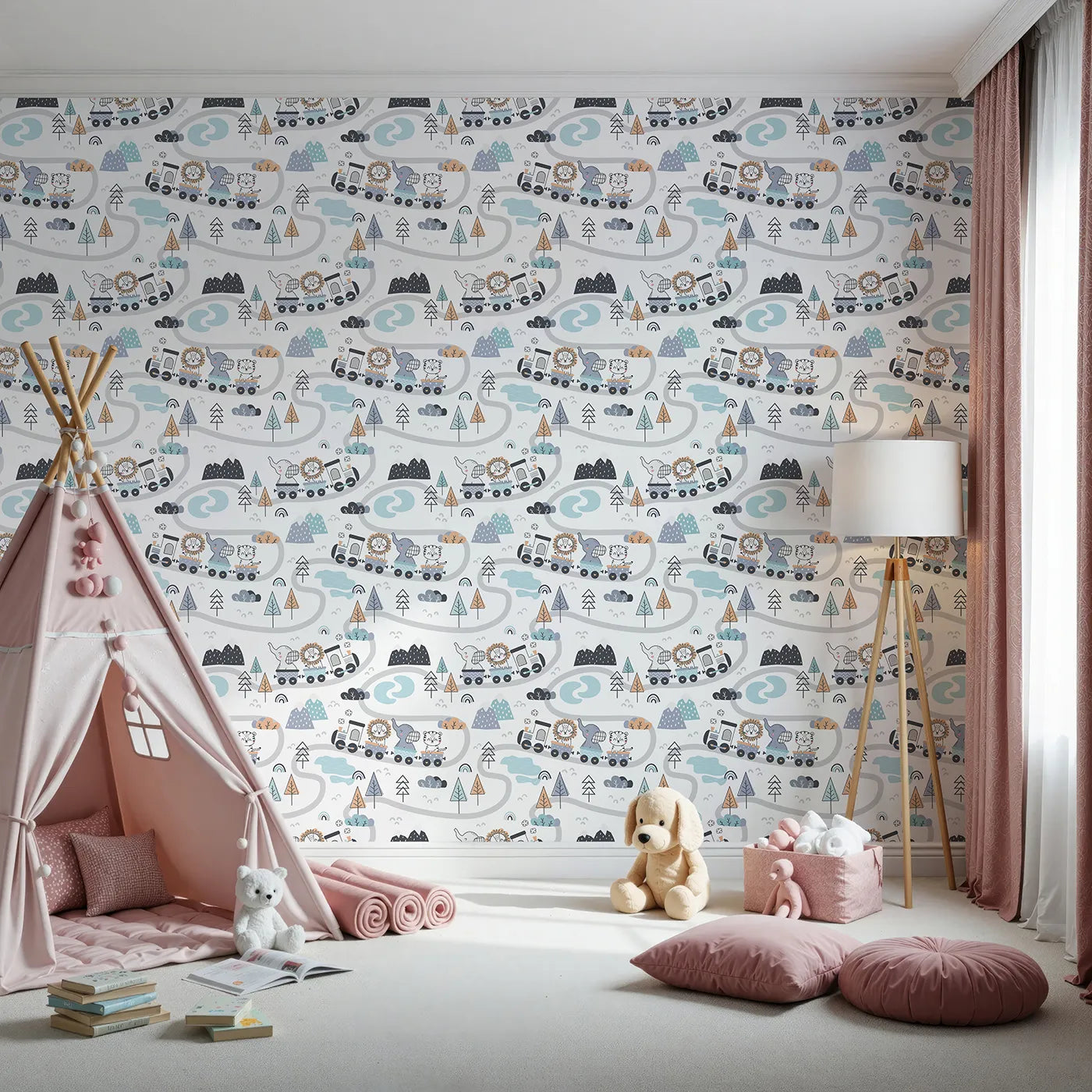 Front view of Whimsy Tots' Animal Train Adventure Wallpaper in White