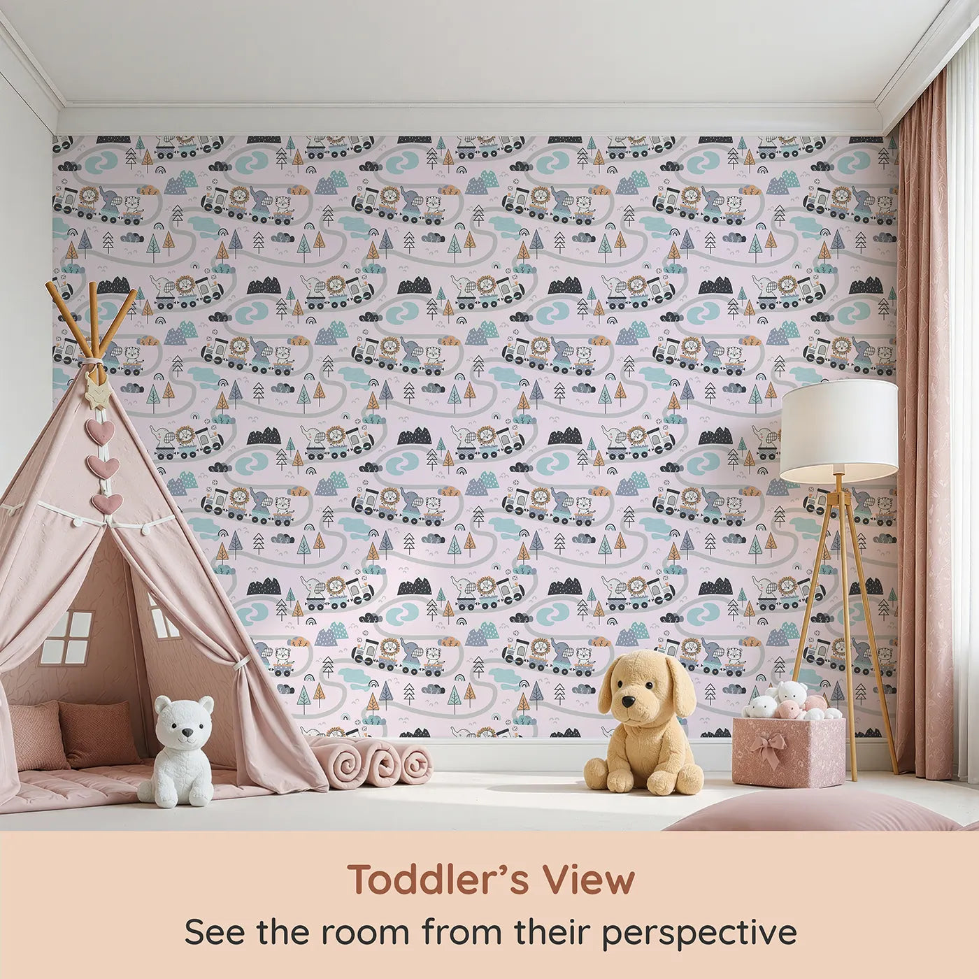 Whimsy Tots Animal Train Adventure Wallpaper in Blush Pink (W3433B) from your child's view.Cheerful creatures chug along soft pink tracks of joy.