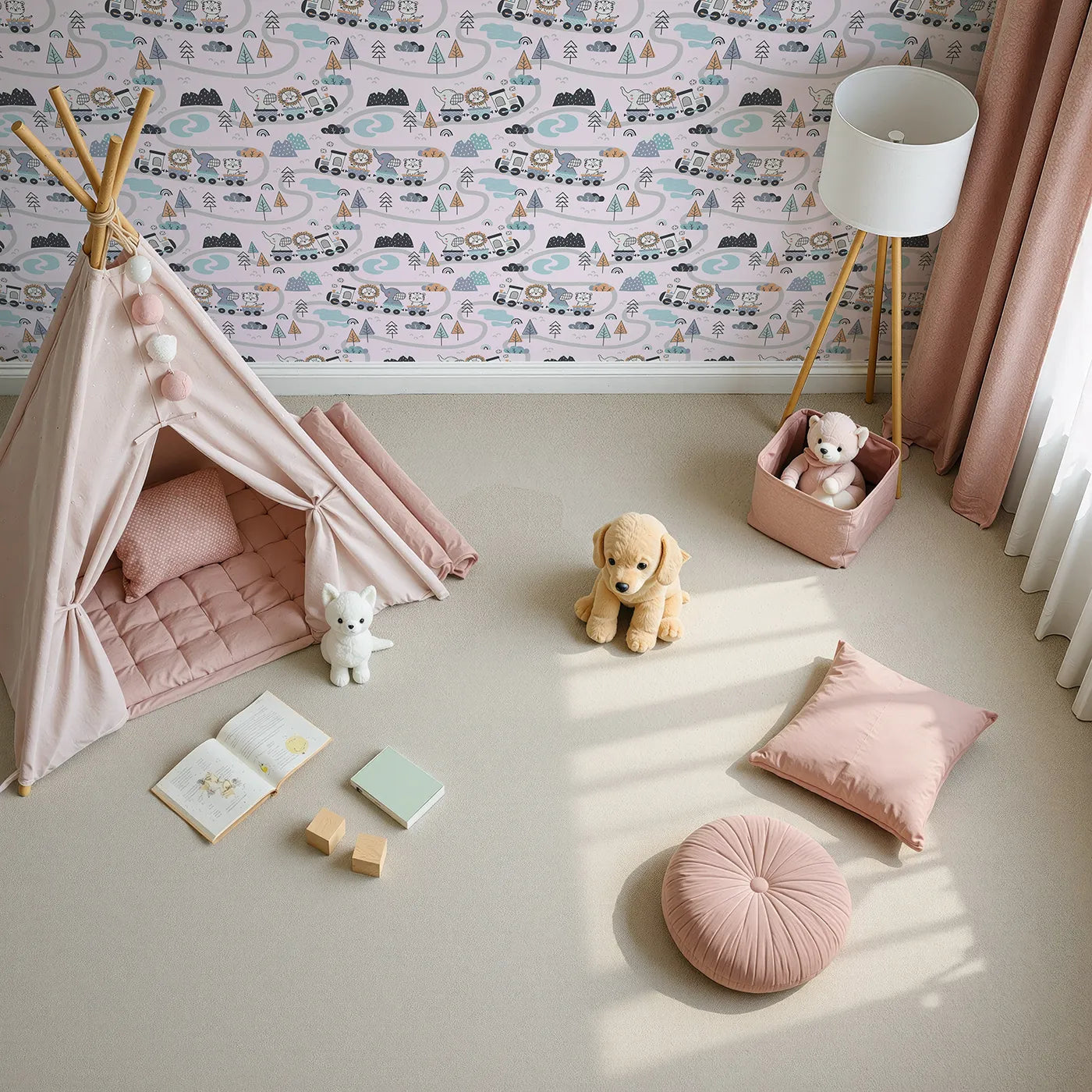 Top-Down view of Whimsy Tots' Animal Train Adventure Wallpaper in Blush Pink (W3433B).Cheerful creatures chug along soft pink tracks of joy.
