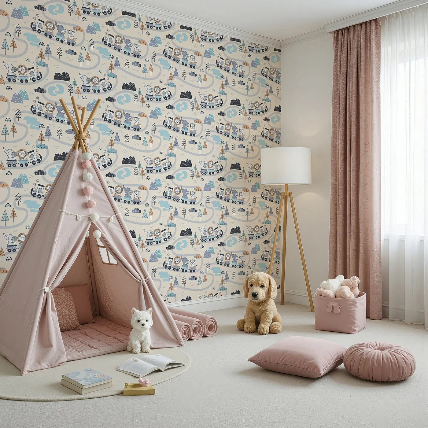Angled view of Whimsy Tots' Animal Train Adventure Wallpaper in Sand (W3433C).Charming animals ride a toy train across a sandy wonderland.